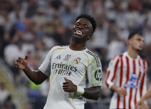 Soccer - Spanish Super Cup - Semi Final - Atletico Madrid v Real Madrid - King Abdullah Sports City, Jeddah, Saudi Arabia - January 8, 2026 Real Madrid's Vinicius Junior reacts REUTERS/Vincent West