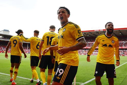 Soccer Football - Premier League - Nottingham Forest v Leeds United - The City Ground, Nottingham, Britain - August 22, 2026 Leeds United's Noah Okafor celebrates after Anton Stach scores their first goal REUTERS/David Klein EDITORIAL USE ONLY. NO USE WIT
