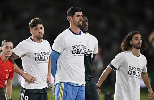 Soccer Football - LaLiga - Elche v Real Madrid - Estadio Manuel Martinez Valero, Elche, Spain - September 15, 2026 Real Madrid's Federico Valverde, Thibaut Courtois, Ibrahima Konate and Marc Cucurella before the match REUTERS/Pablo Morano