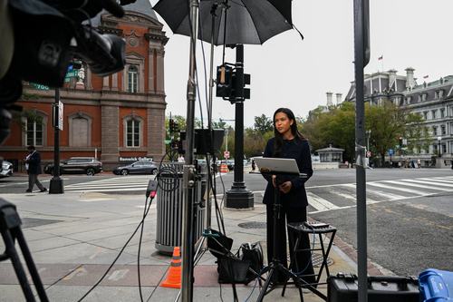 MS Now correspondent Akayla Gardner reports outside the White House grounds after President Donald Trump banned MS Now, CNN, and Politico in a Truth Social post, in Washington, D.C., US, September 20, 2026. REUTERS/Annabelle Gordon