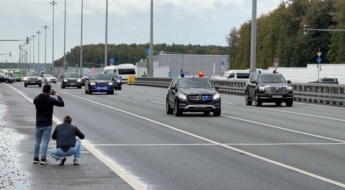 A motorcade believed to be carrying U.S. officials, including President Donald Trump's special envoy Steve Witkoff and son-in-law Jared Kushner, leaves Vnukovo International Airport in Moscow