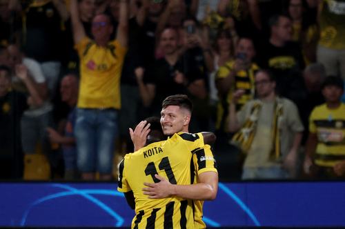 Soccer Football - UEFA Champions League - AEK Athens v LASK - AEK Arena, Athens, Greece - September 8, 2026 AEK Athens' Luka Jovic celebrates scoring their second goal before it is disallowed after a VAR review REUTERS/Alkis Konstantinidis