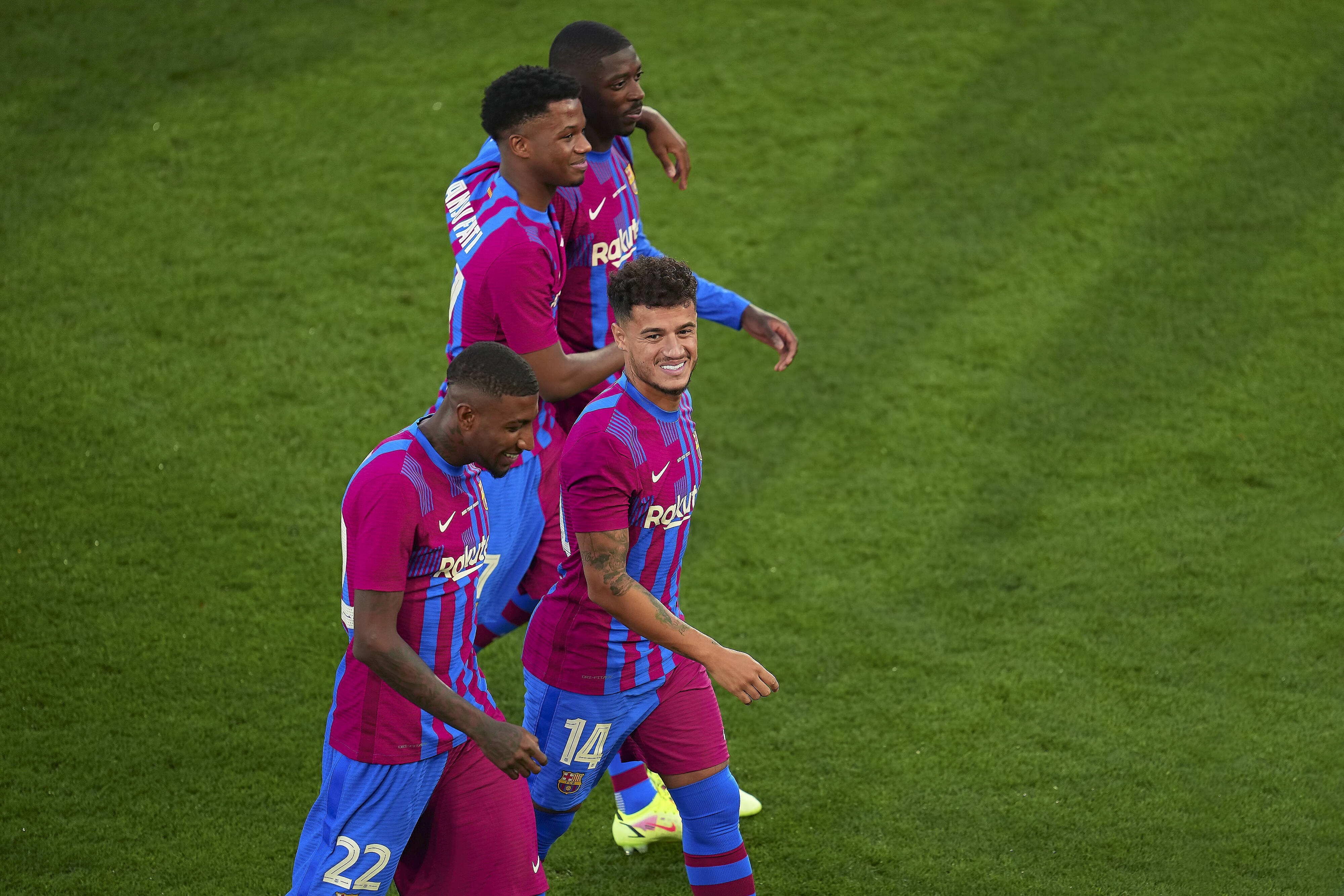Ousmane Dembele, Ansu Fati, Philippe Coutinho and Emerson Royal of FC Barcelona, Barca Copyright: xx PS_210808_159