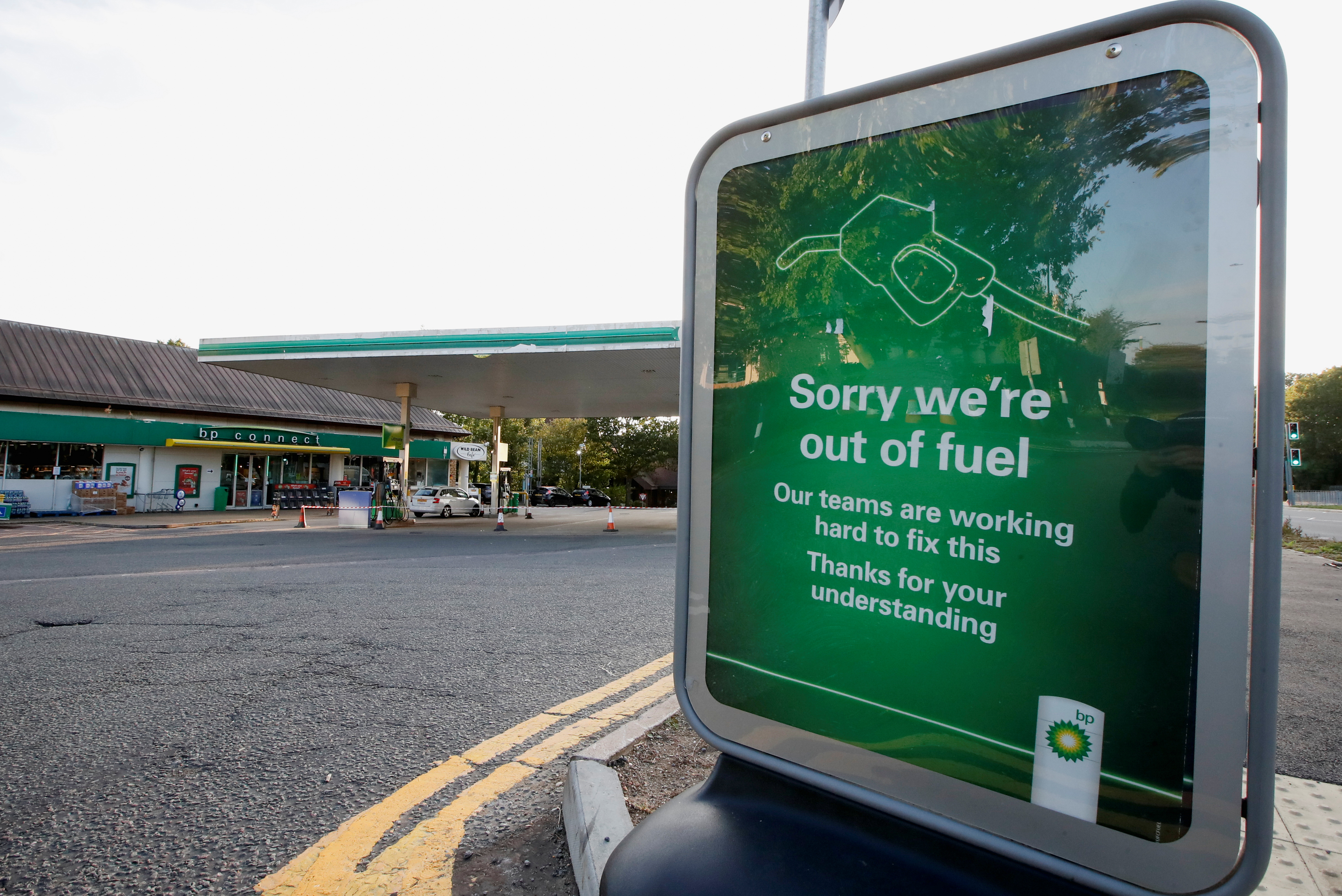 A BP petrol station that has run out of fuel is seen in Hemel Hempstead