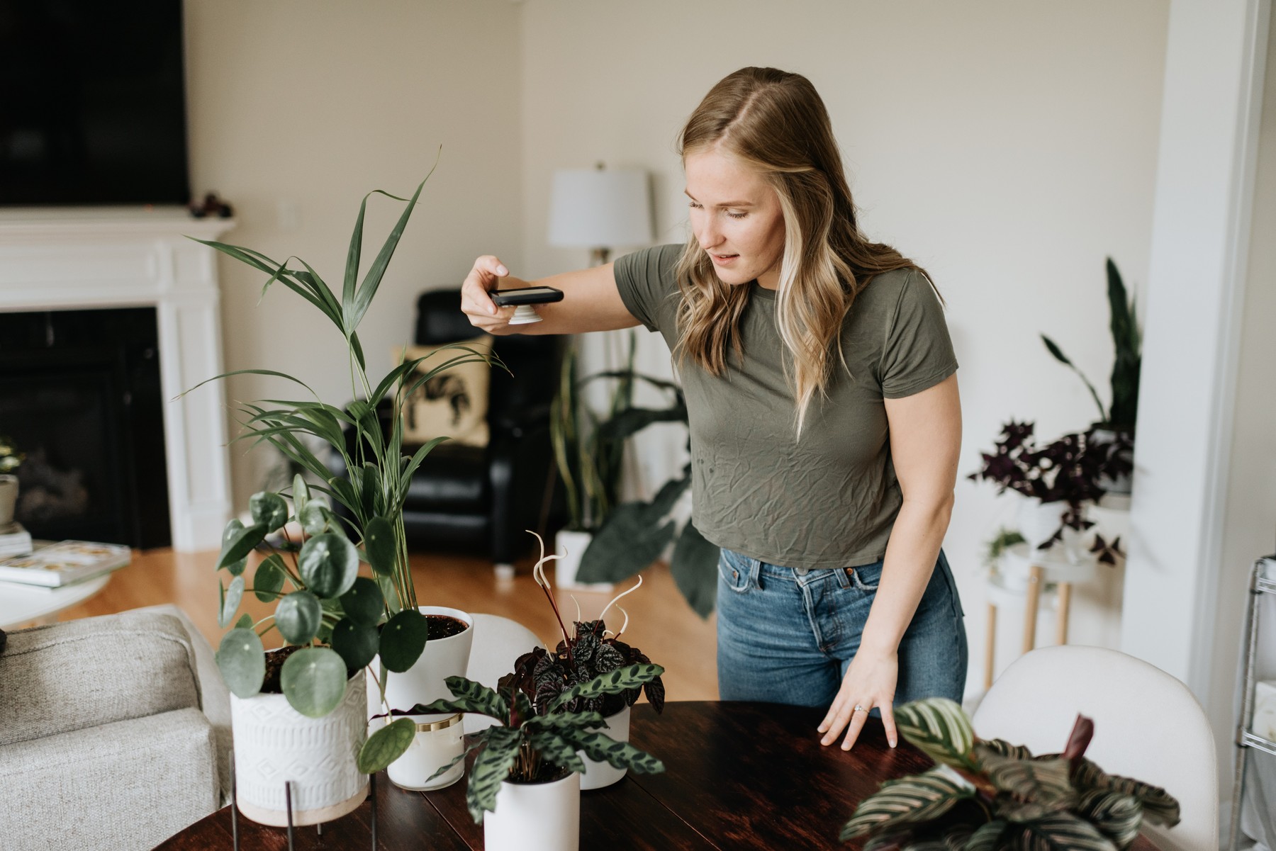Woman taking photo of house plants with mobile phone