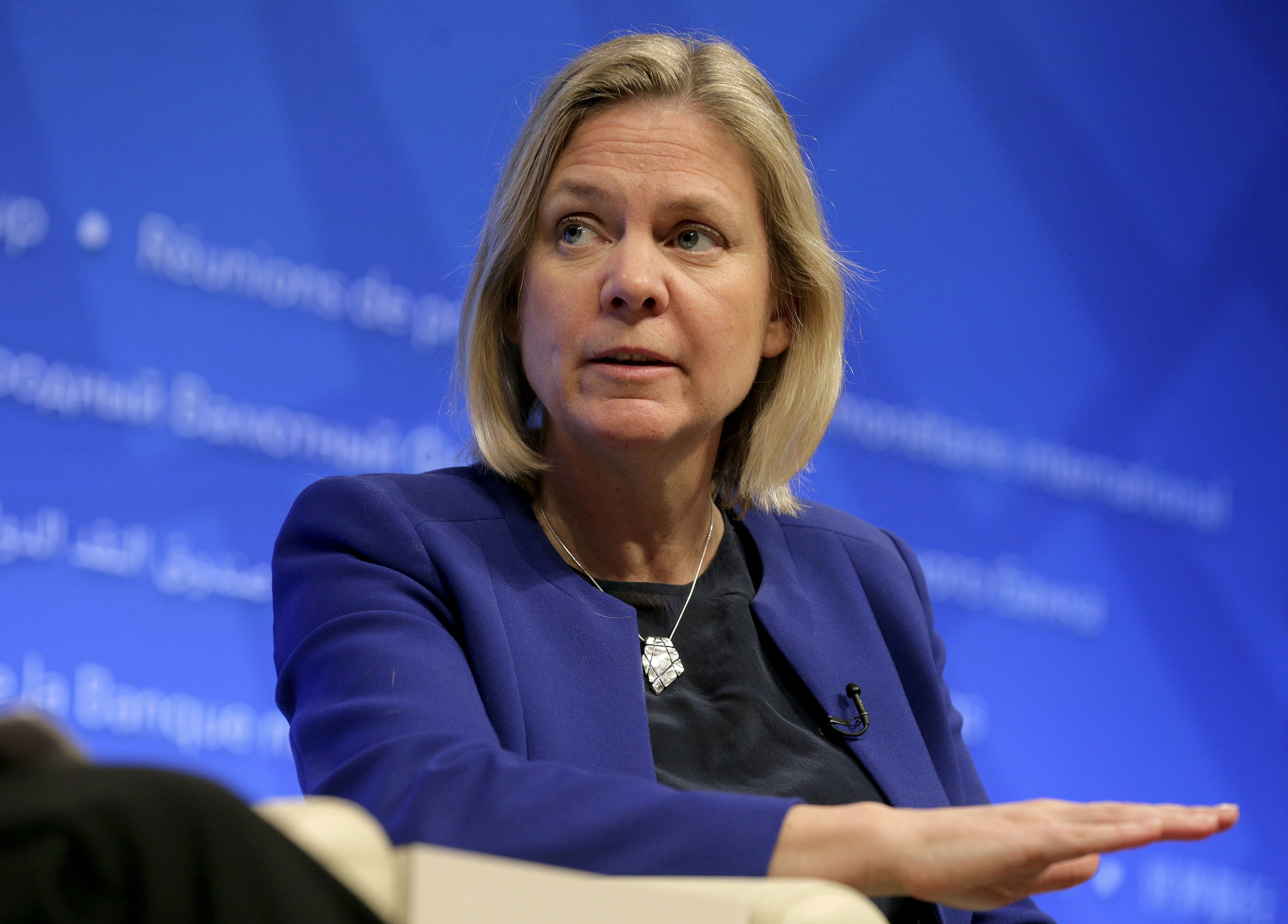 FILE PHOTO: Swedish Minister of Finance Magdalena Andersson speaks about strengthening global tax policy at the 2016 IMF World Bank Spring Meeting in Washington