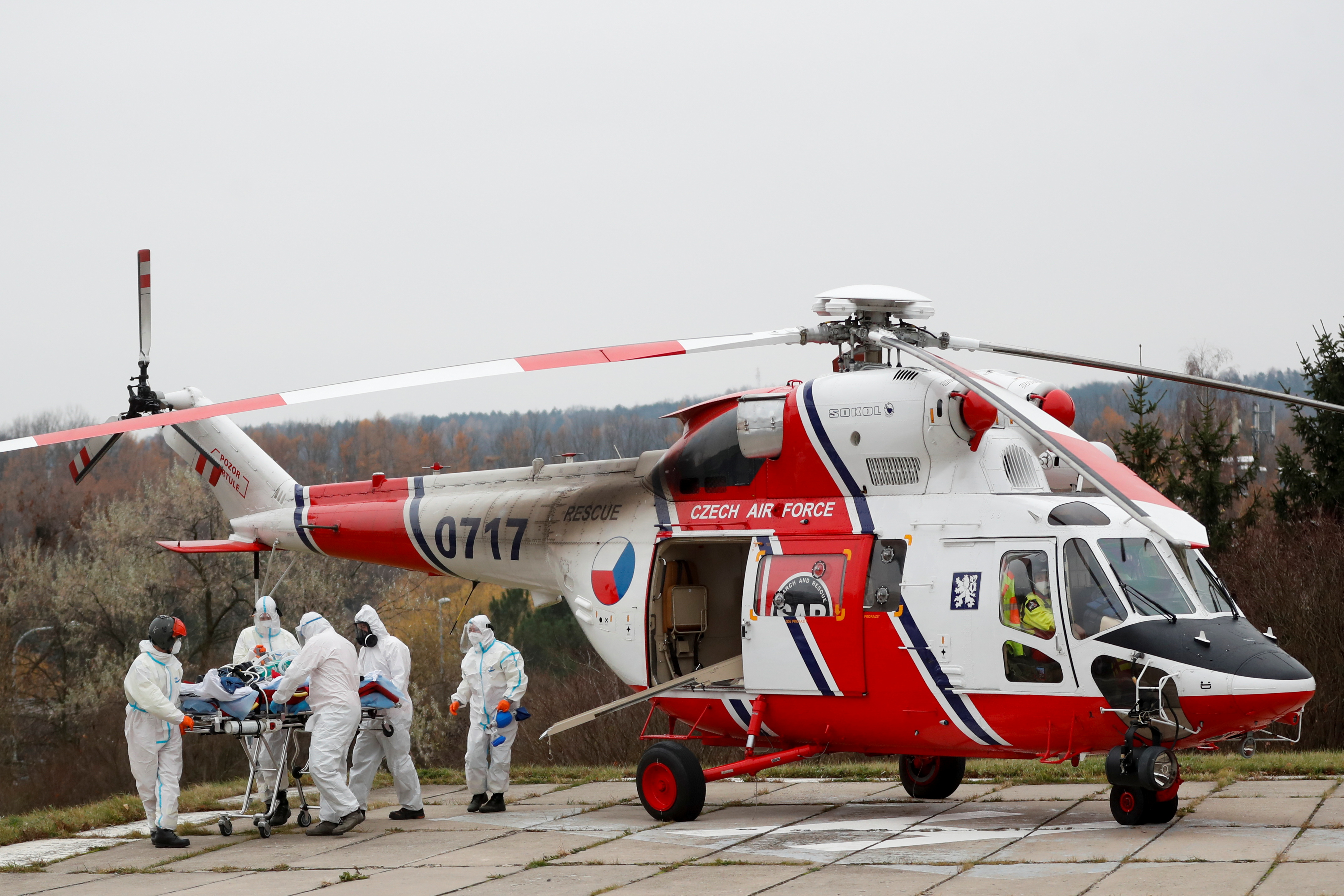 Medical workers transport COVID-19 patients from Brno to Prague