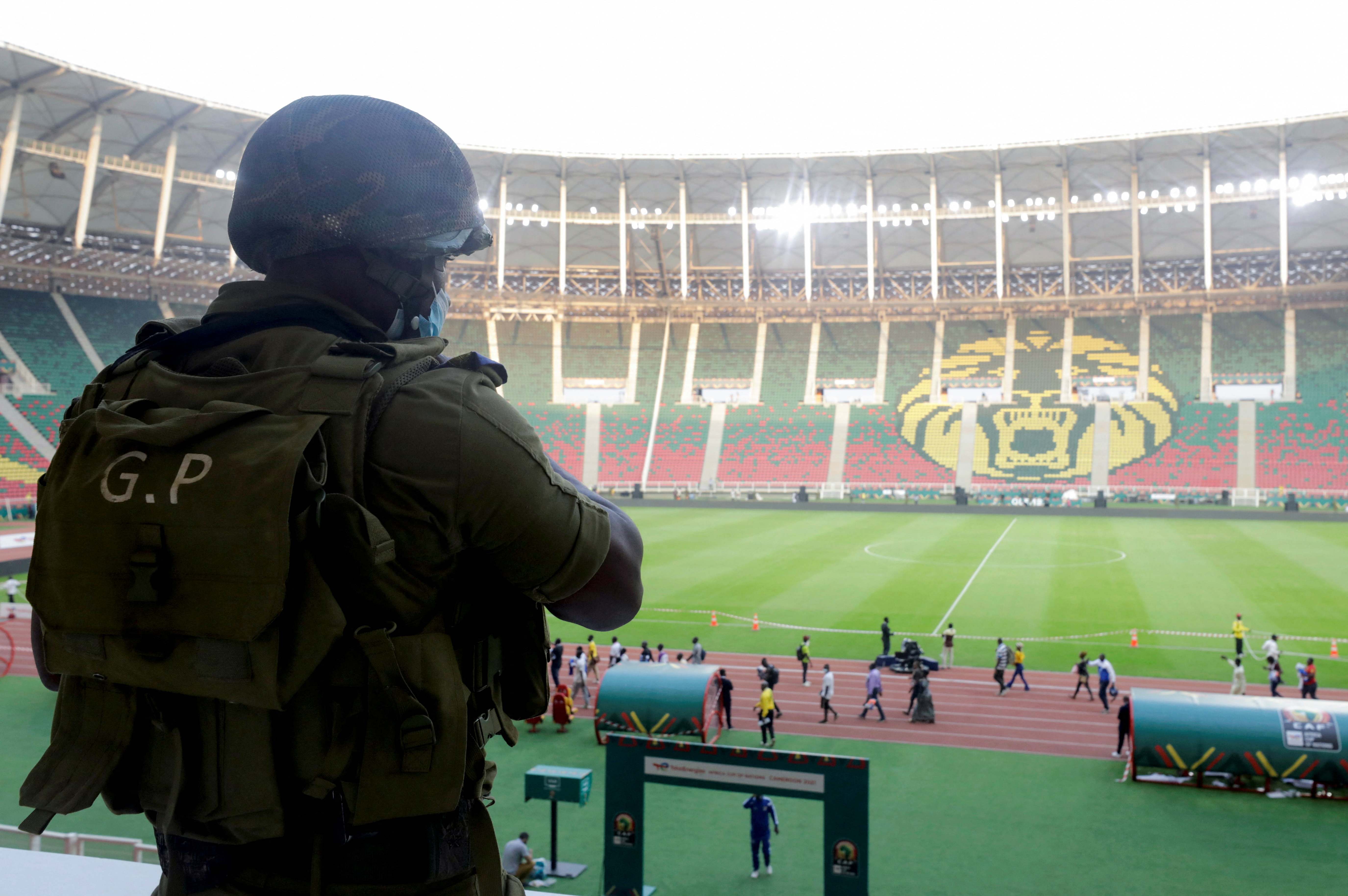 Security officer stands guard at Olembe Stadium in Yaounde