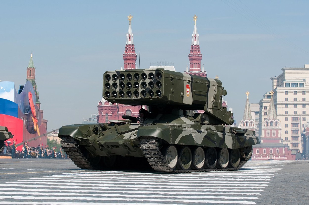 Heavy Flame Thrower System TOS-1, rocket launcher and thermobaric weapon, march along the Red Square Moscow Victory Parade 2010