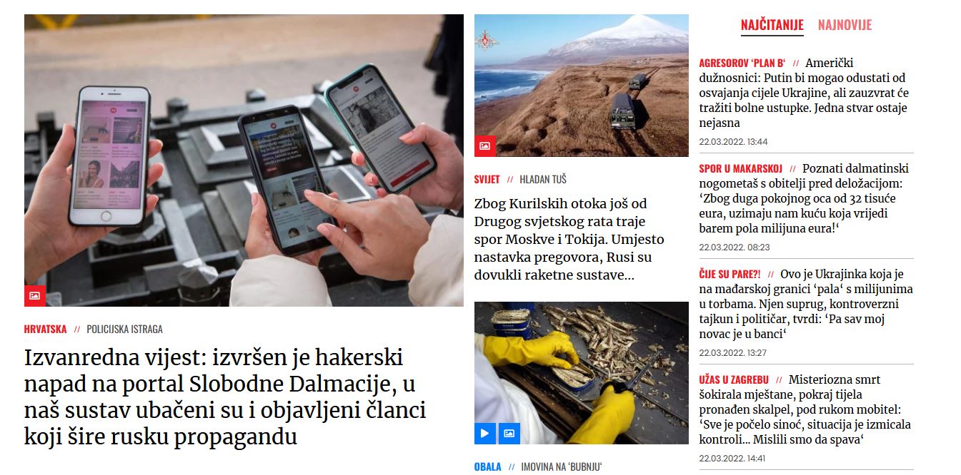 Screenshot naslovnice portala Slobodna Dalmacija