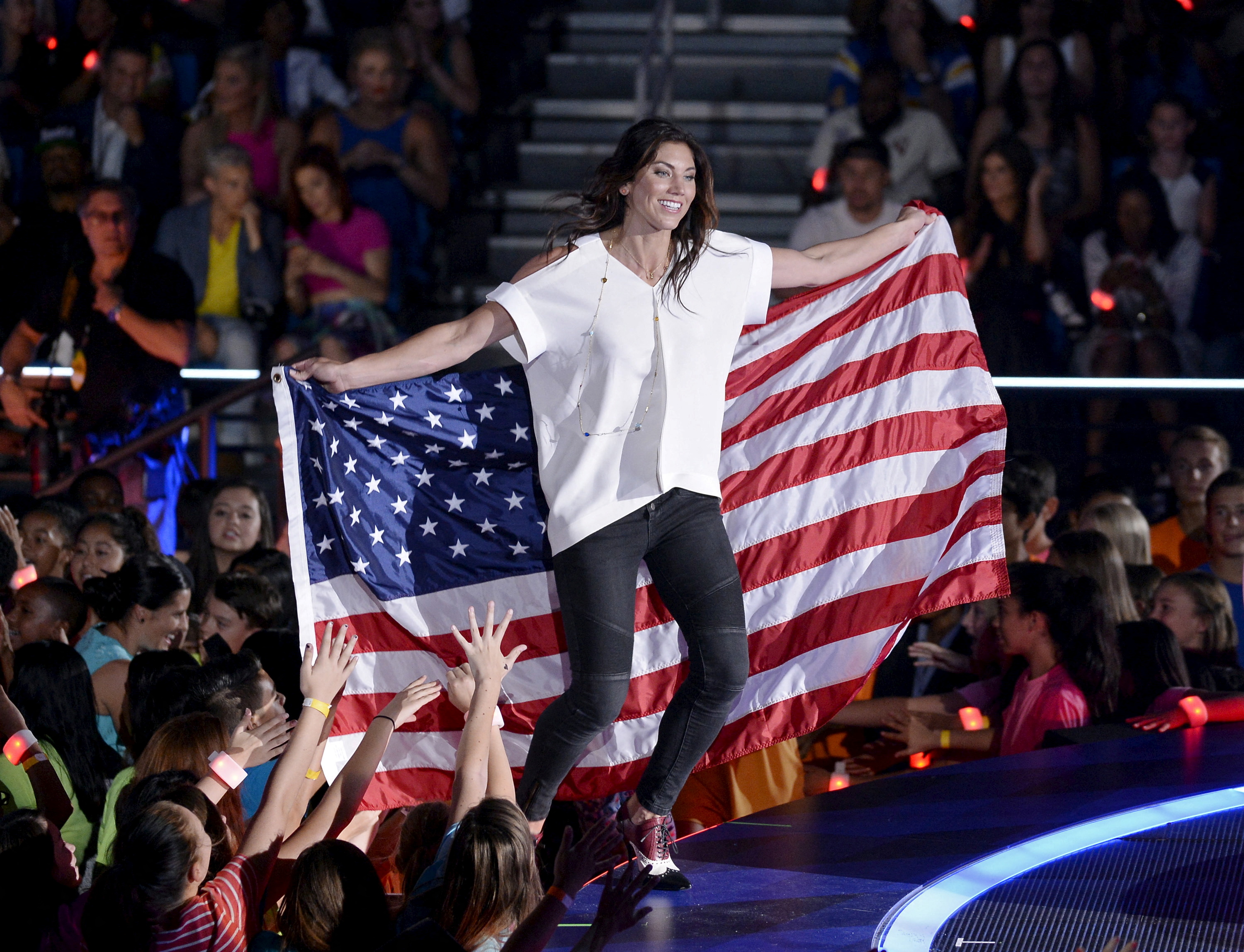 FILE PHOTO: Hope Solo goalkeeper of United States Womens National Team walks on stage  during the Nickelodeon Kids' Choice Sports Awards 2015 at UCLA's Pauley Pavilion in Los Angeles
