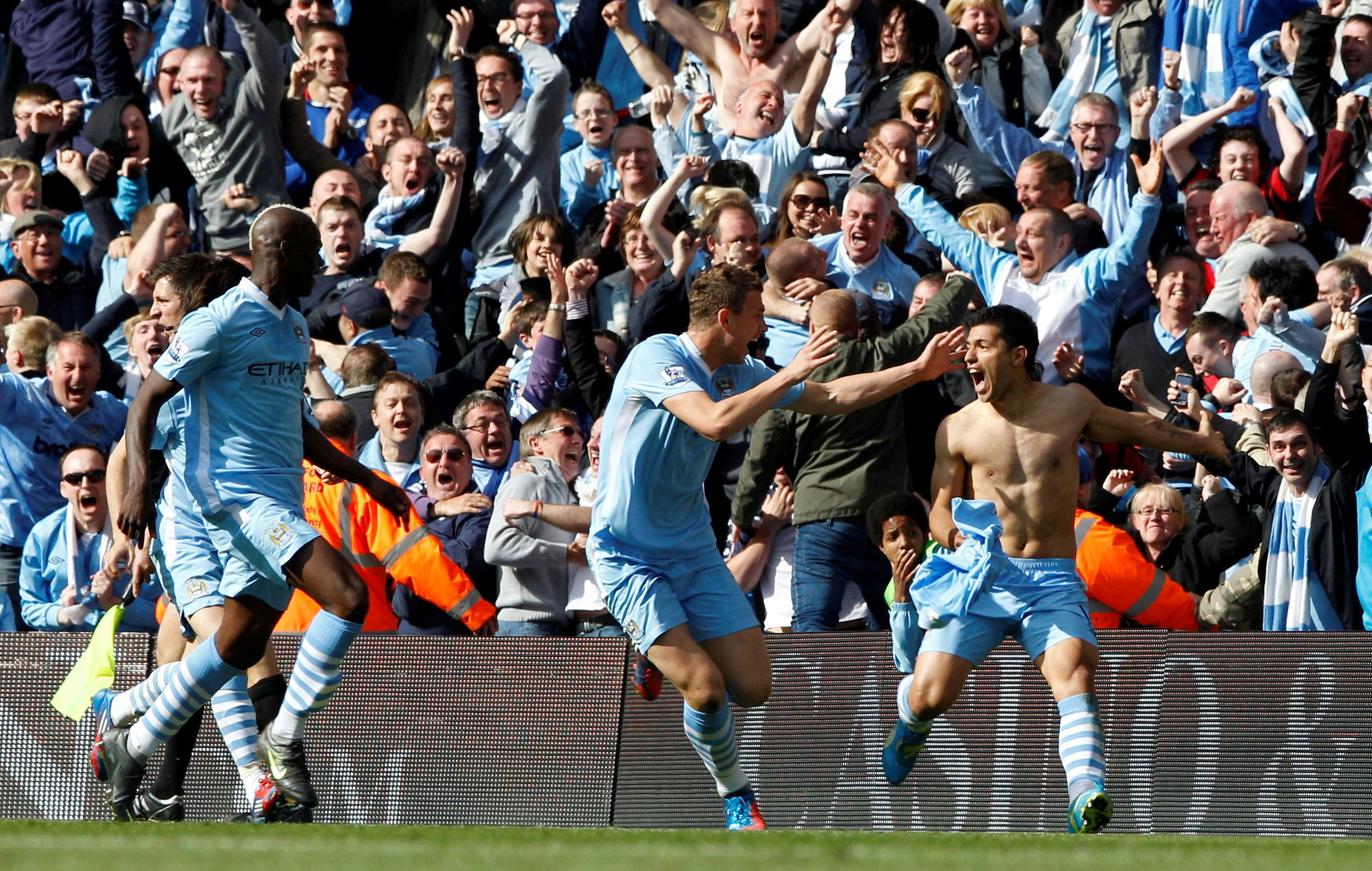 FILE PHOTO: Manchester City's Sergio Aguero celebrates his goal during their English Premier League soccer match against Queens Park Rangers in Manchester