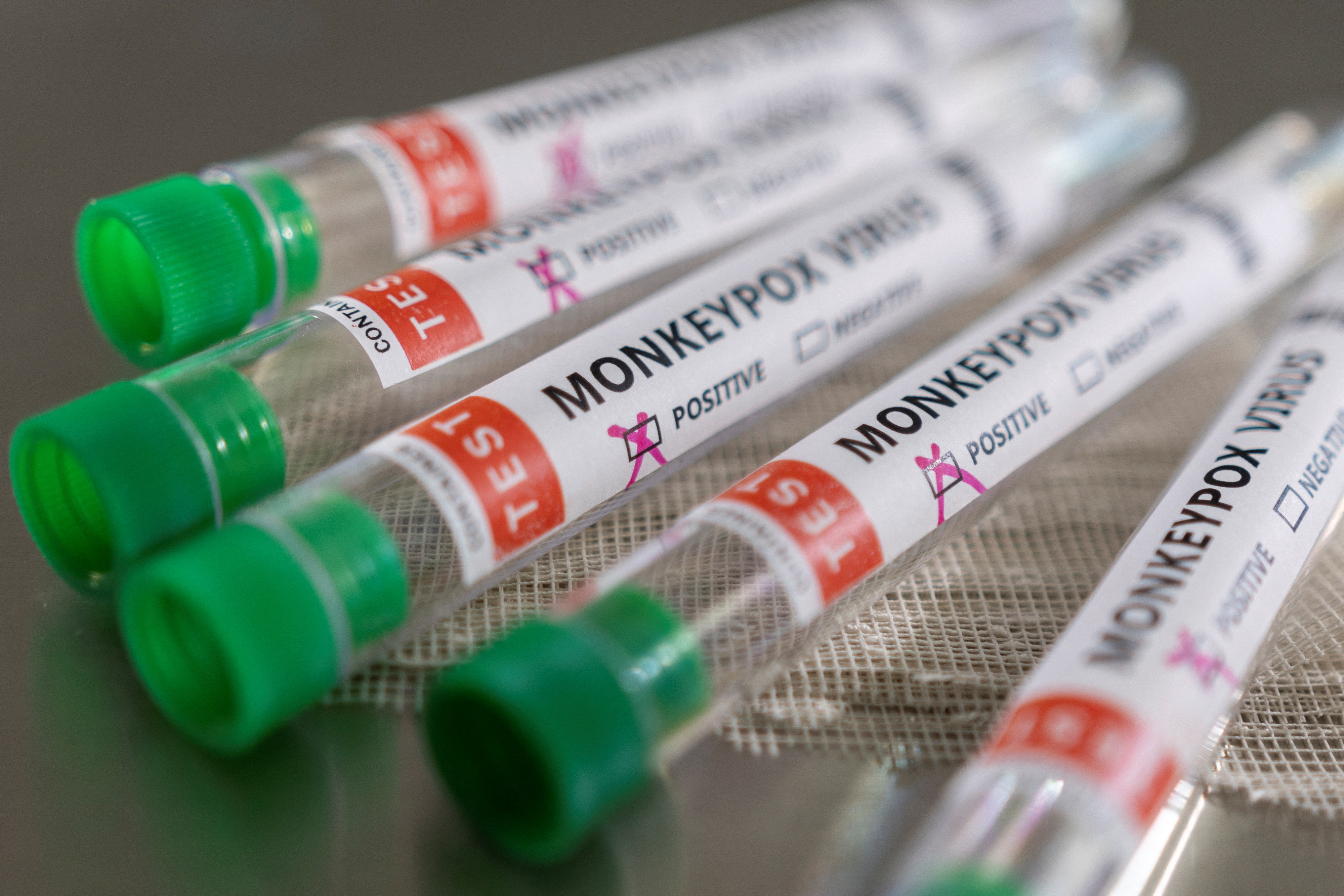Illustration shows test tubes labelled "Monkeypox virus positive