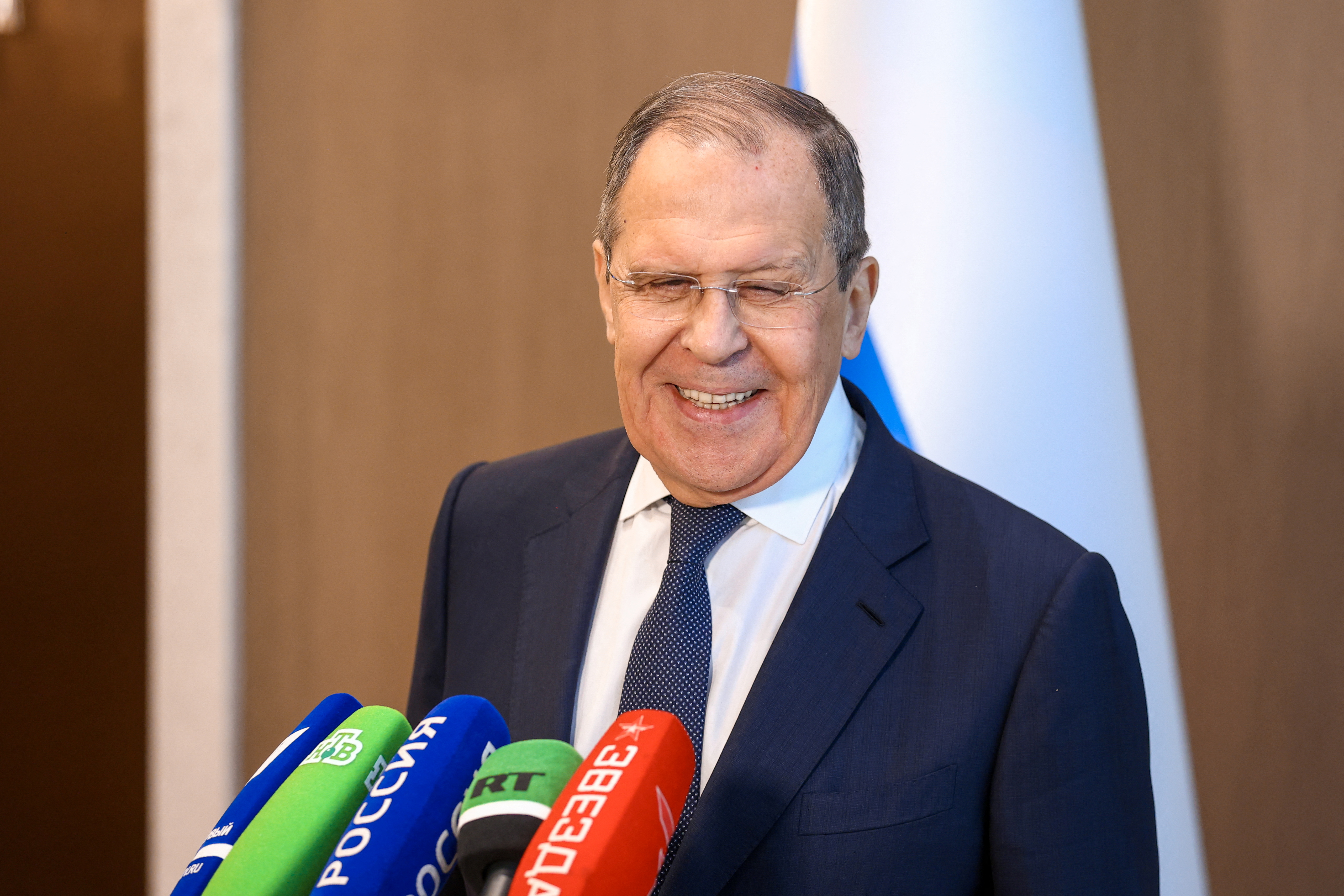 Russian Foreign Minister Sergei Lavrov holds a news briefing in Tashkent