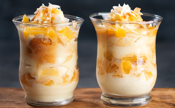 Pineapple,,Peach,,Coconut,Trifle,Dessert,Mouse,In,A,Glass,On