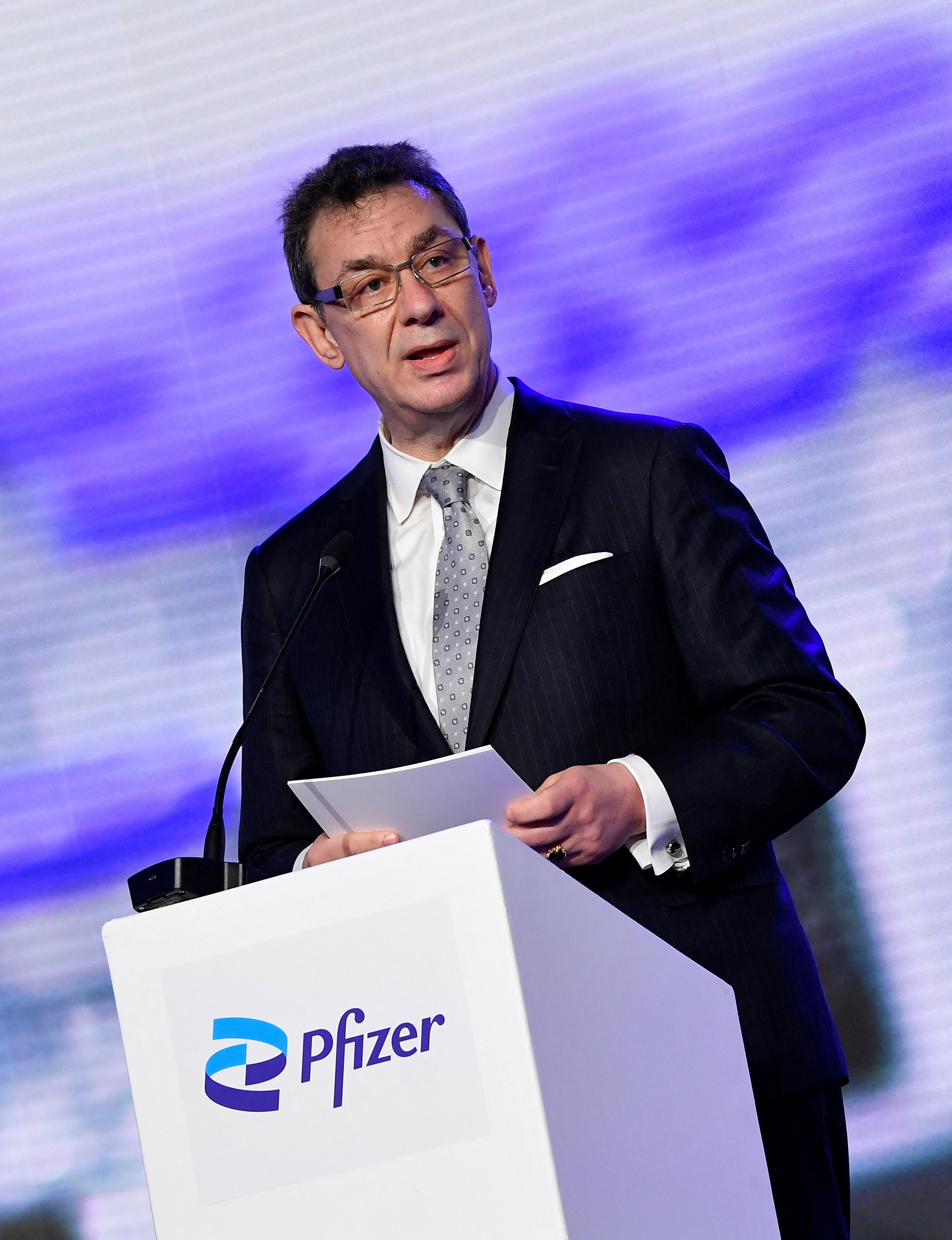 FILE PHOTO: Pfizer CEO Albert Bourla addresses a press conference after a visit at Pfizer vaccine plant in Puurs