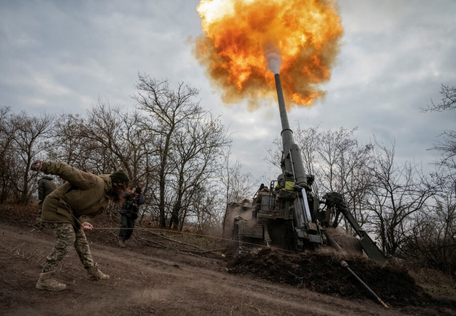 Ukrainian servicemen fire a 2S7 Pion self-propelled gun at a position on a frontline in Kherson region