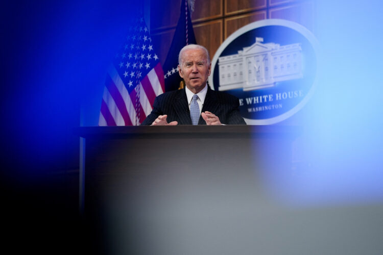 U.S. President Joe Biden delivers remarks during a meeting with business and labor leaders at the White House in Washington