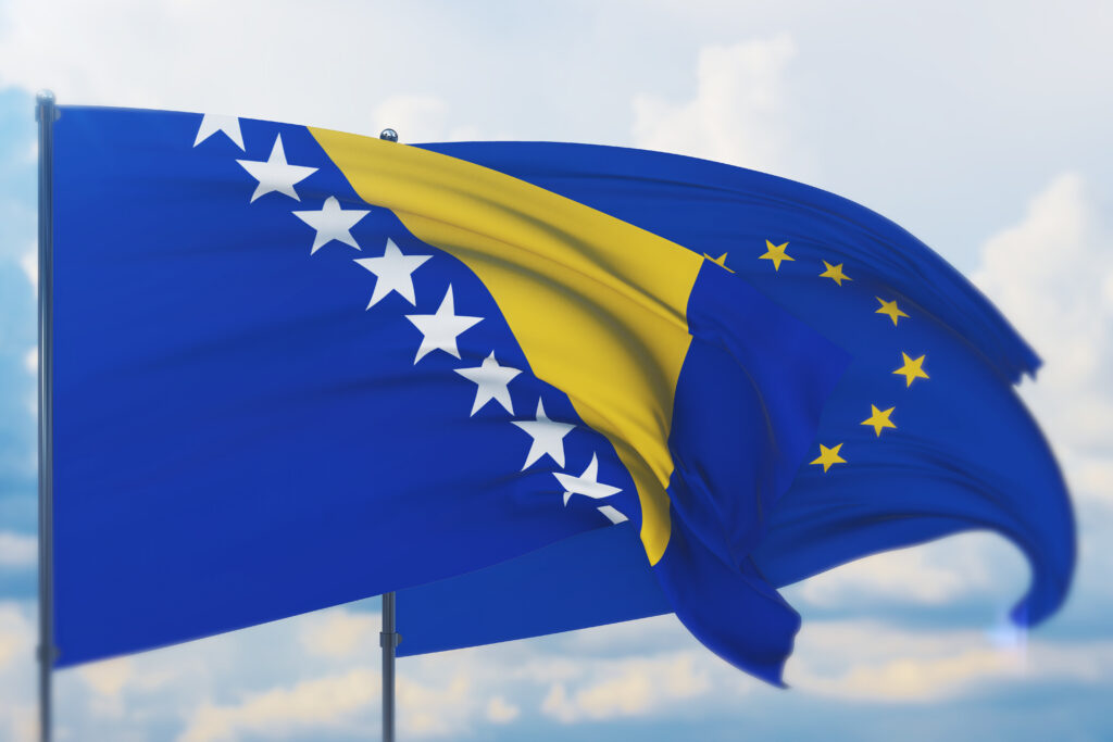 Waving,European,Union,Flag,And,Flag,Of,Bosnia,And,Hercegovina.