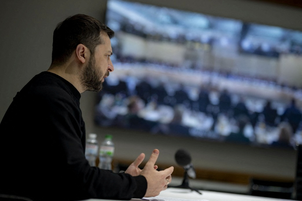 Ukraine's President Zelenskiy attends the conference in solidarity with the Ukrainian people in Paris via videolink, in Kyiv