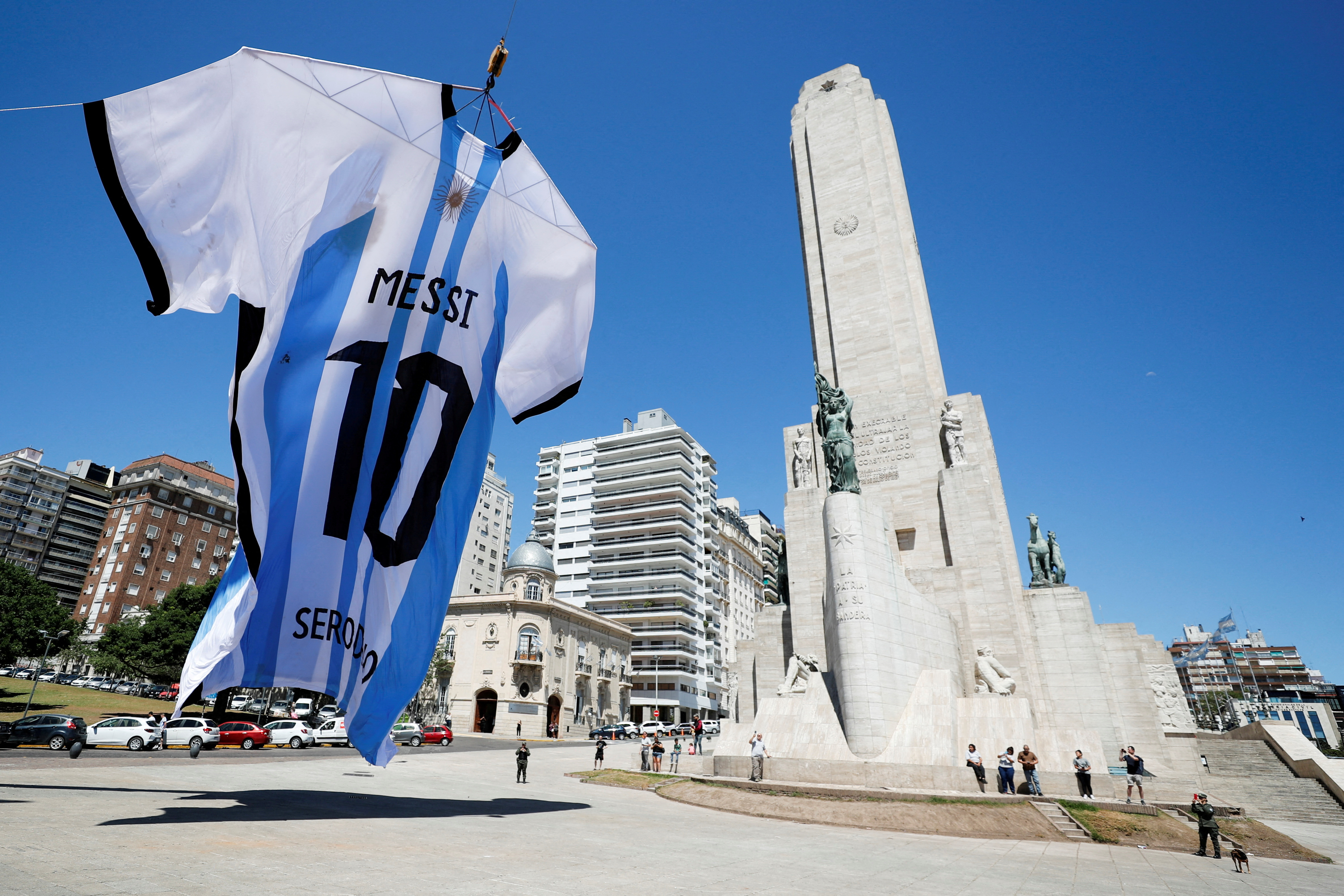 An-18-meter long Argentina shirt featuring soccer star Lionel Messi's surname is displayed at the Monumento a la Bandera (The National Flag Memorial), in Rosario