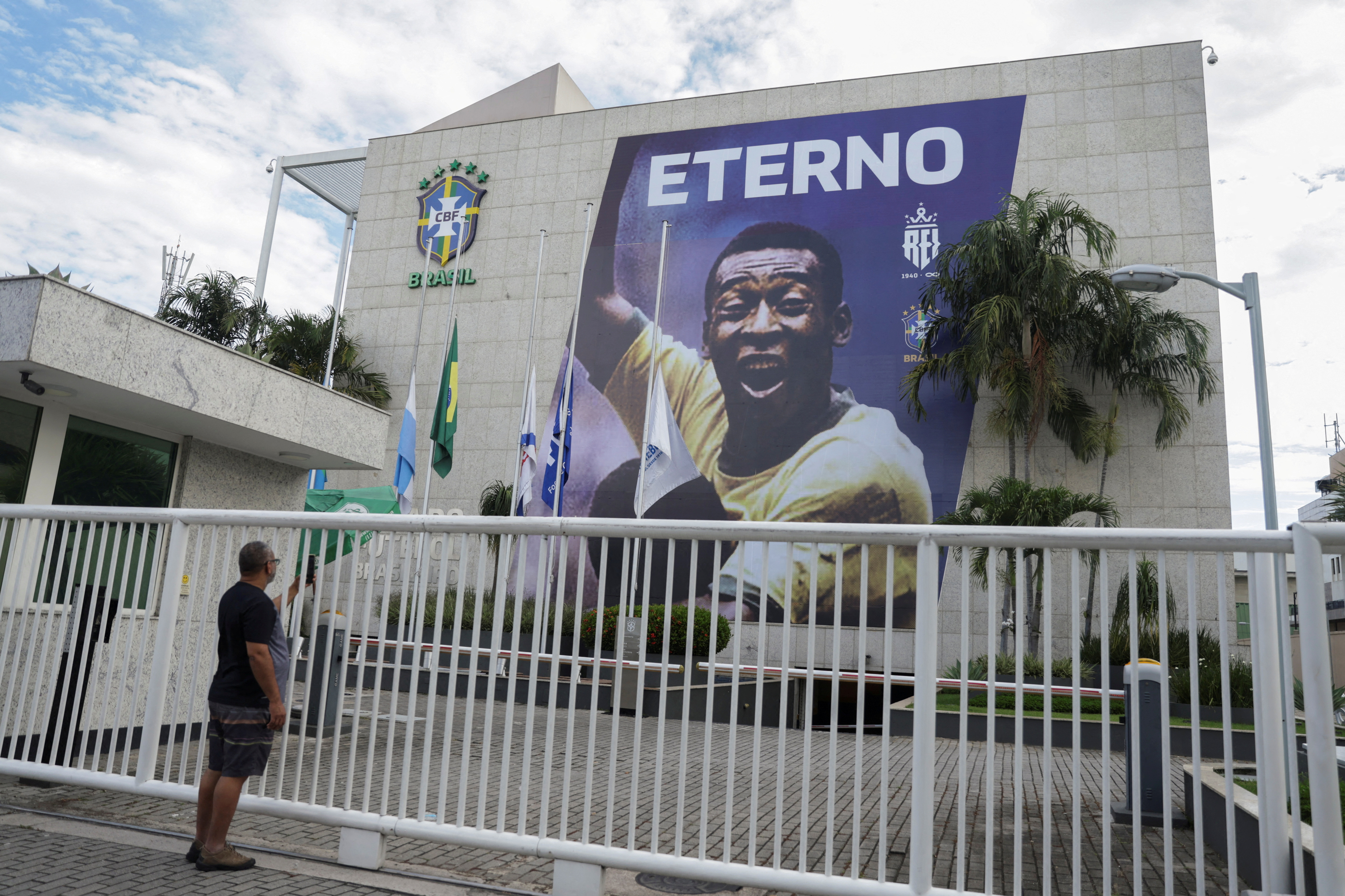 A banner of Brazilian soccer legend Pele is seen on the facade of the Brazilian Soccer Confederation building in Rio de Janerio