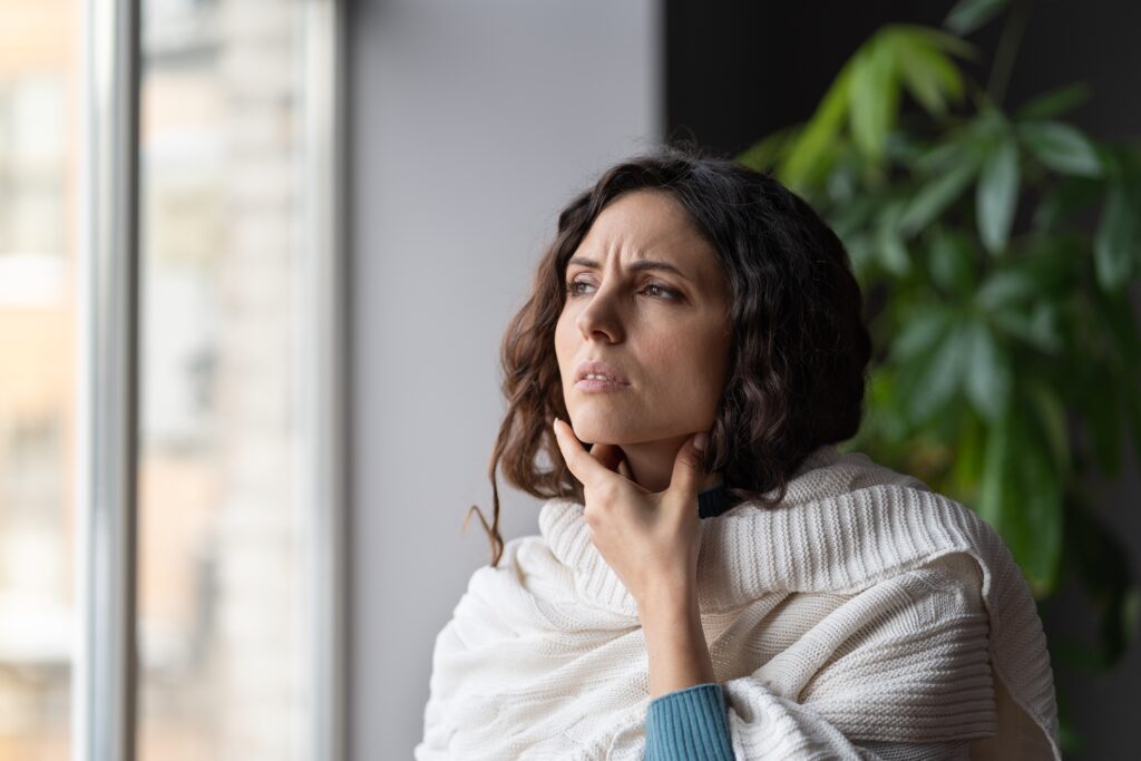 Upset,Sick,Woman,Touching,Painful,Swollen,Neck,Glands,,Suffering,From