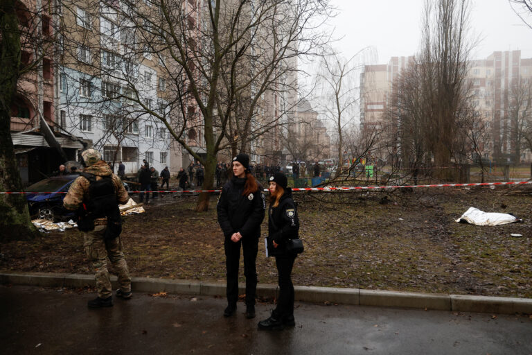 Site of a helicopter falling on civil infrastructure buildings in Brovary