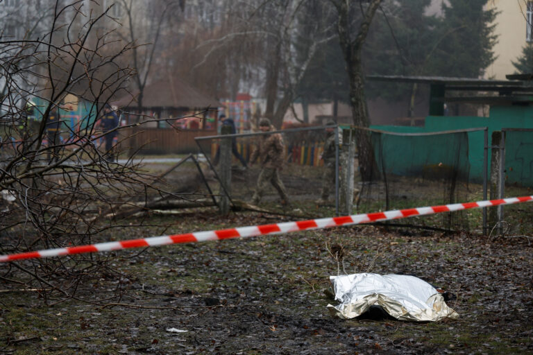 Site of a helicopter falling on civil infrastructure buildings in Brovary