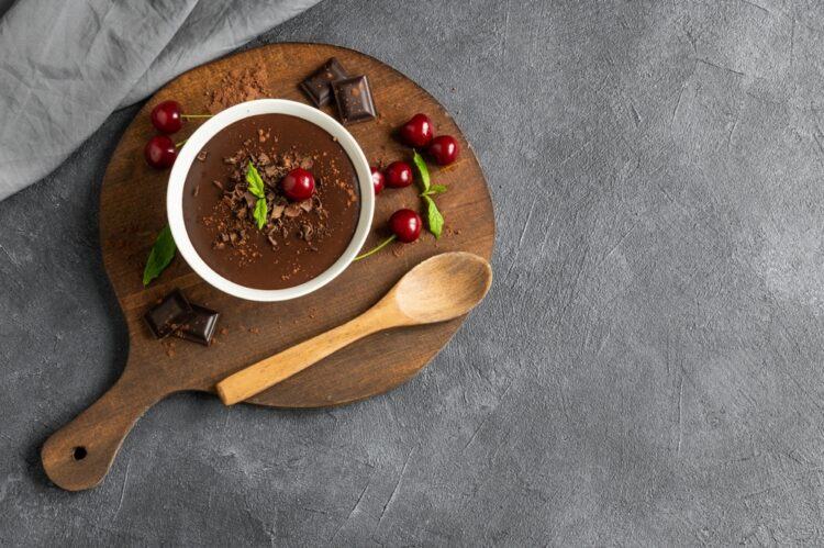 Chocolate,Cocoa,Pudding,With,Sour,Cherry,,Mousse,In,Glass,Cup