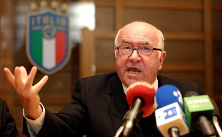FIGC President Carlo Tavecchio gestures during a news conference in Rome