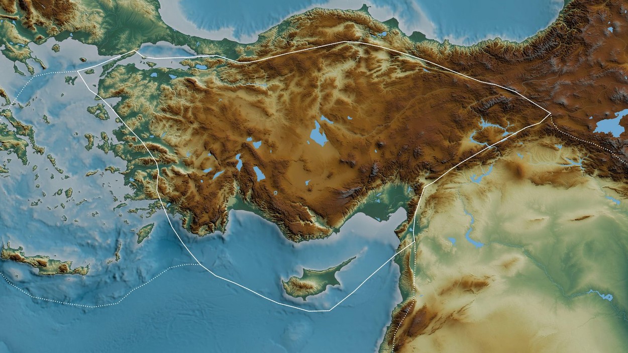 Outline of the Anatolian tectonic plate with the borders of surrounding plates against the background of a relief map. 3D rendering