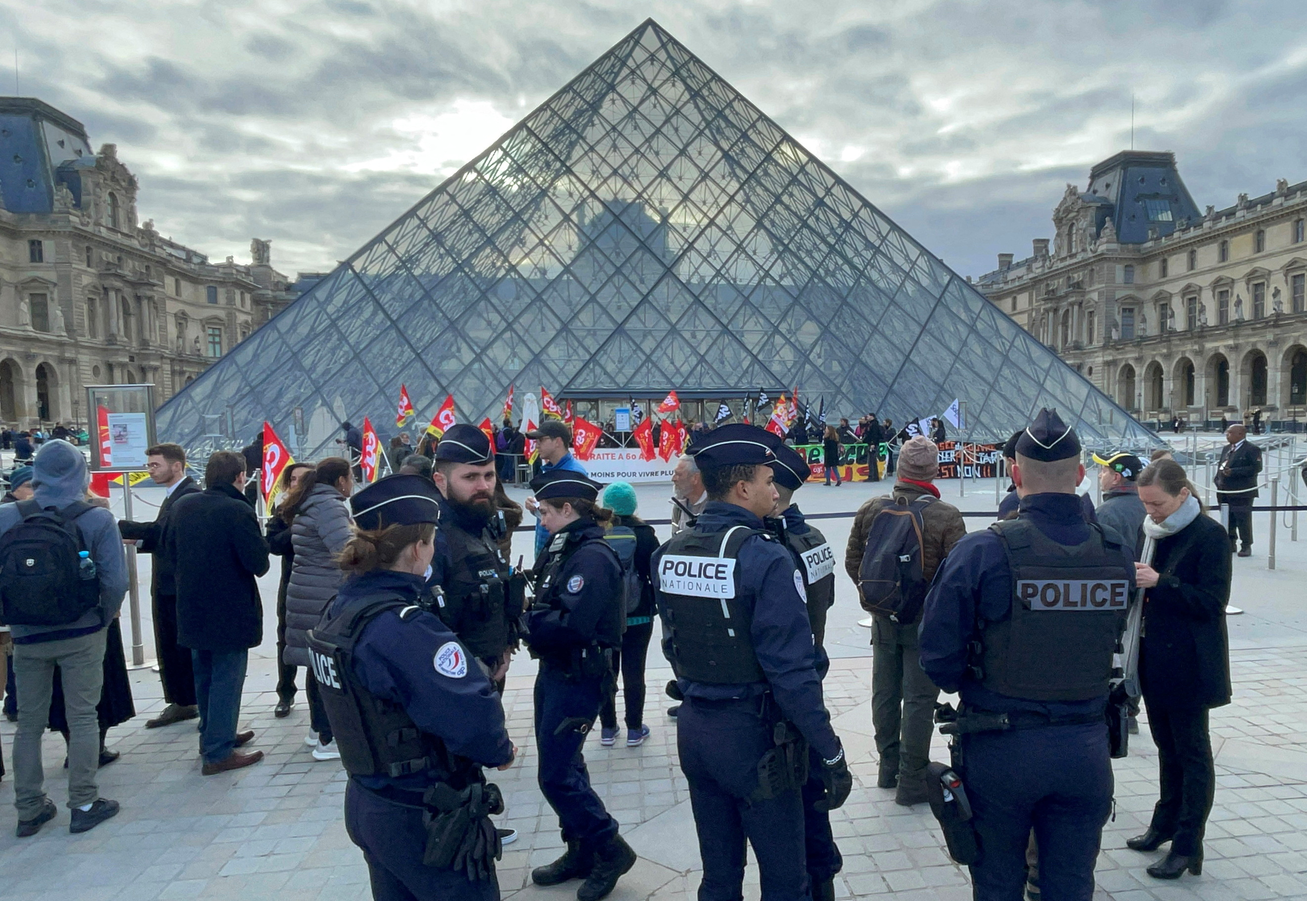 Protest against pension reform in front of the Louvre museum in Paris