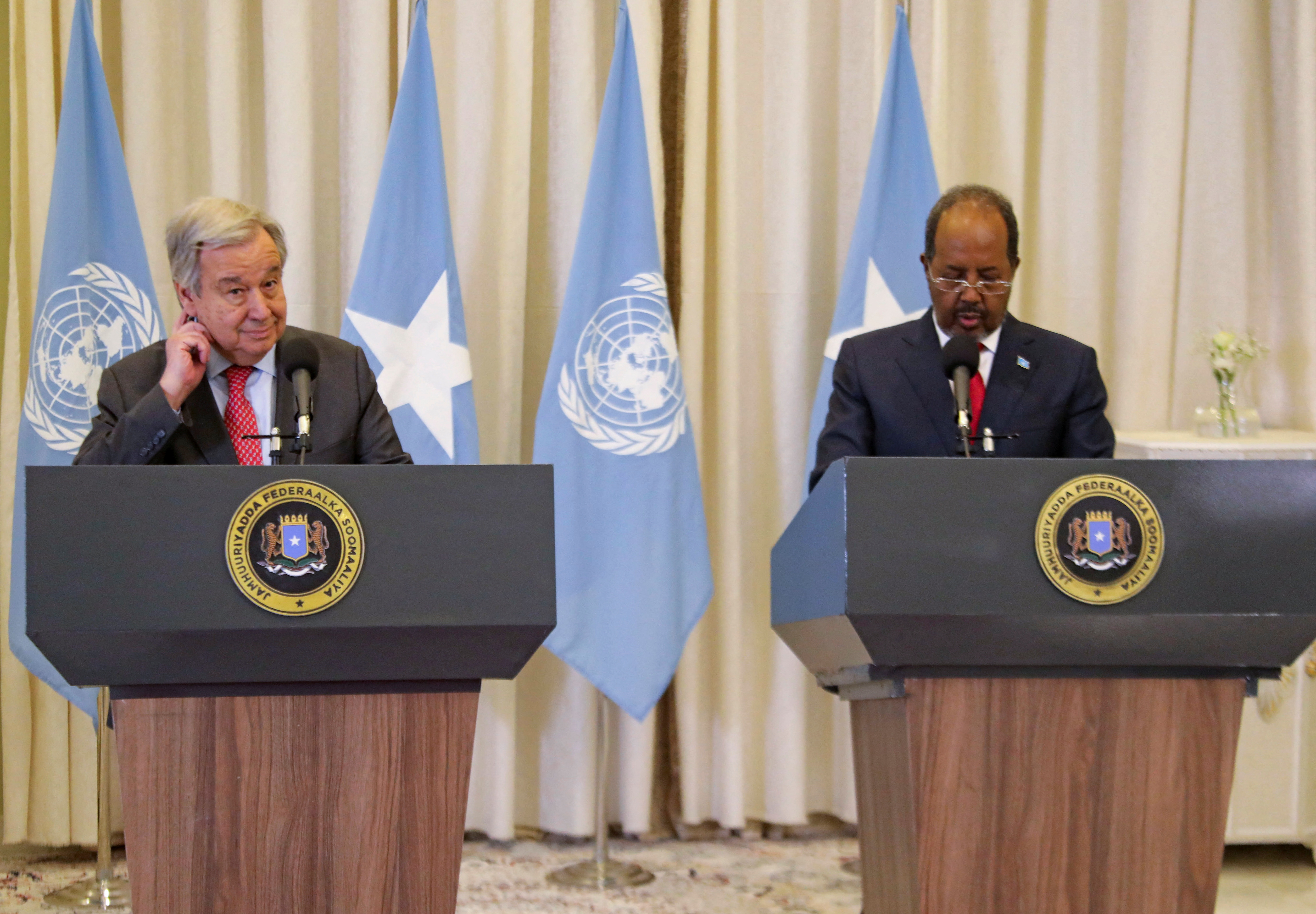 U.N. Secretary-General Antonio Guterres and Somali President Hassan Sheikh Mohamud attend a joint news conference at the Presidential palace in Mogadishu