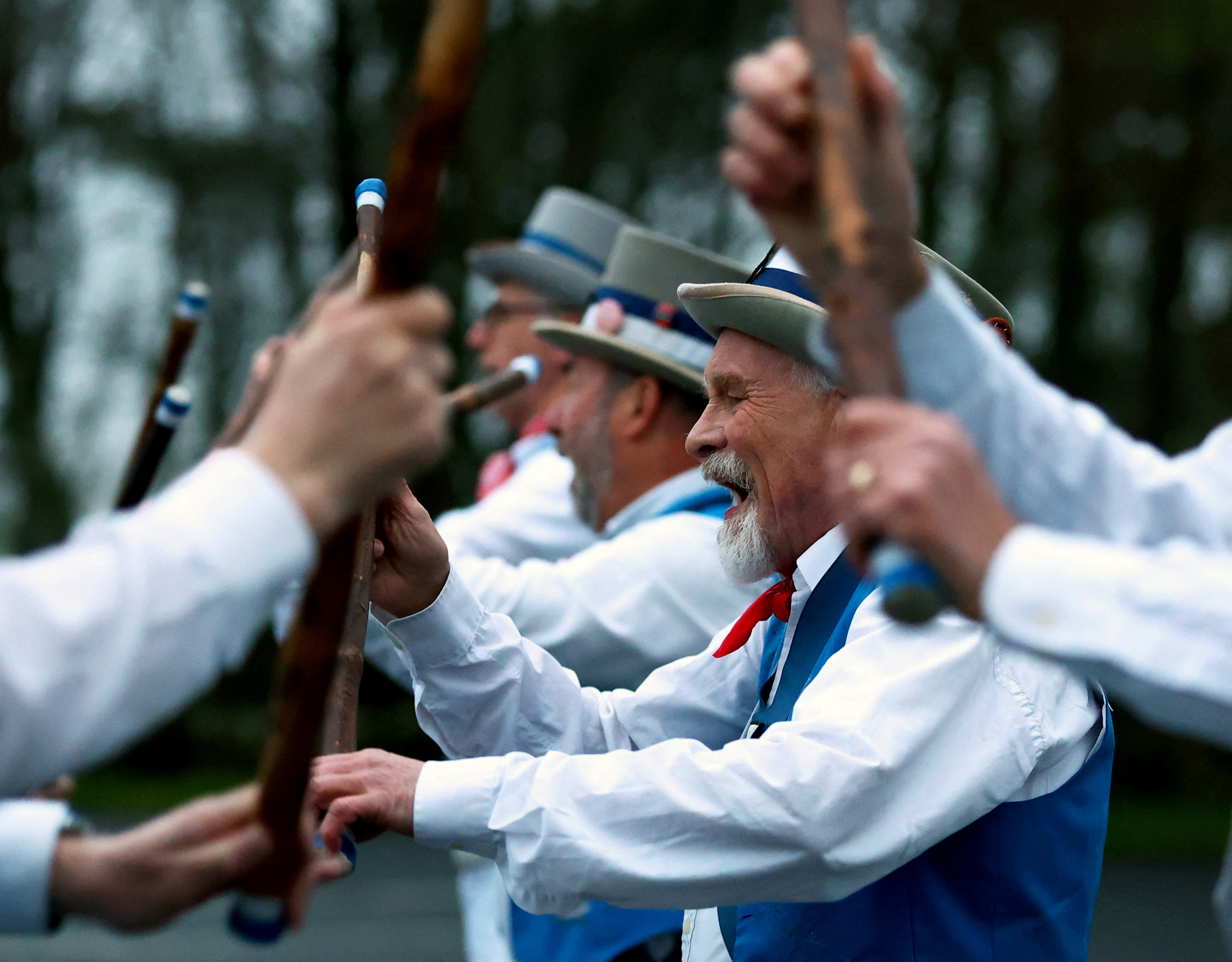 Members of Hexham Morrismen perform at sunrise to traditionally mark May Day in Henshaw