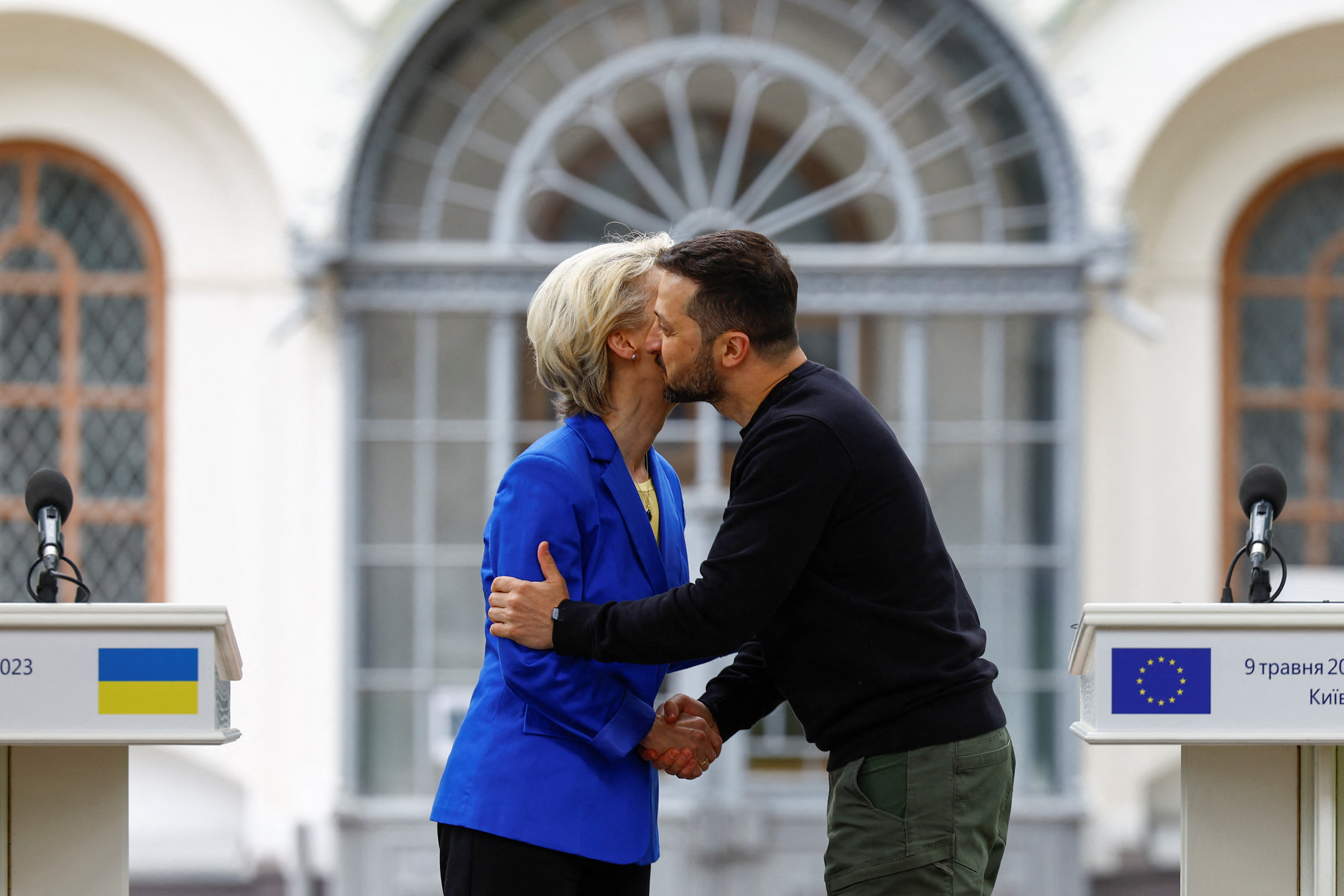 European Commission President von der Leyen and Ukraine's President Zelenskiy shake hands after a joint press conference in Kyiv