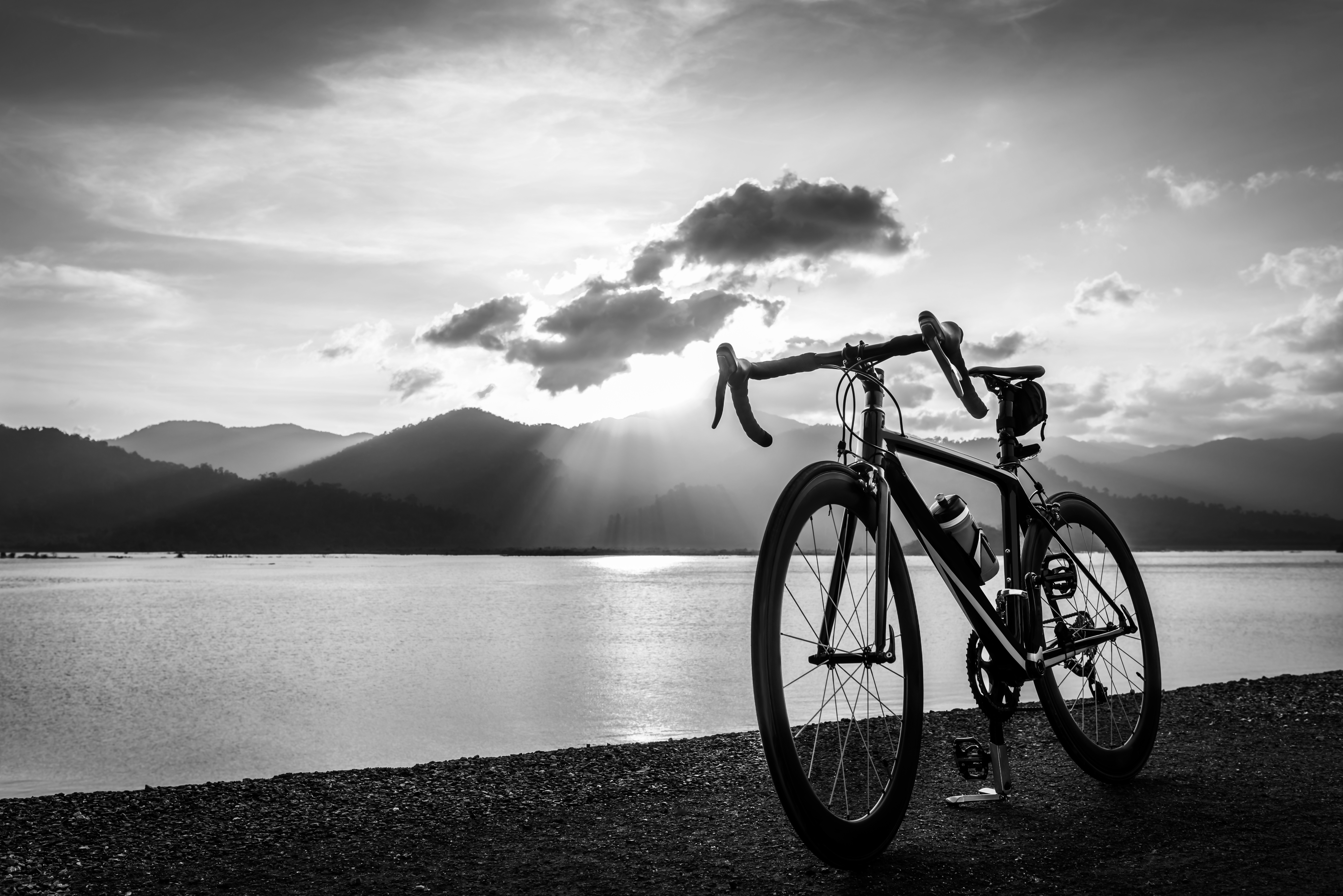 Road,Bike,On,Waterfront,Black,And,White,Photo,,Sunset,Nature