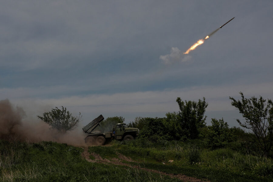Ukrainian servicemen fire a BM-21 Grad multiple launch rocket system towards Russian troops near the frontline town of Bakhmut