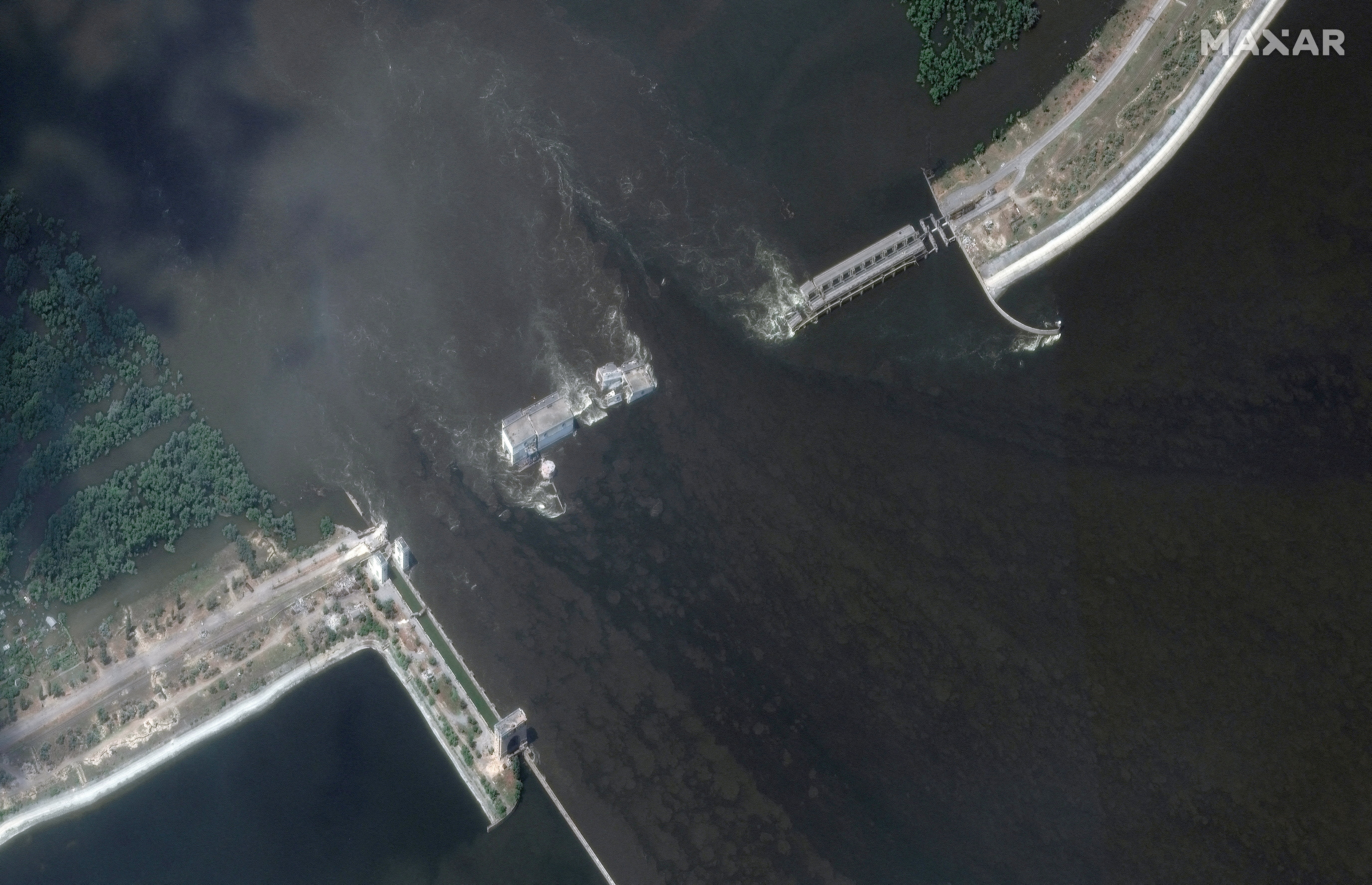 FILE PHOTO: A satellite image shows the Nova Kakhovka Dam and hydroelectric plant after its collapse