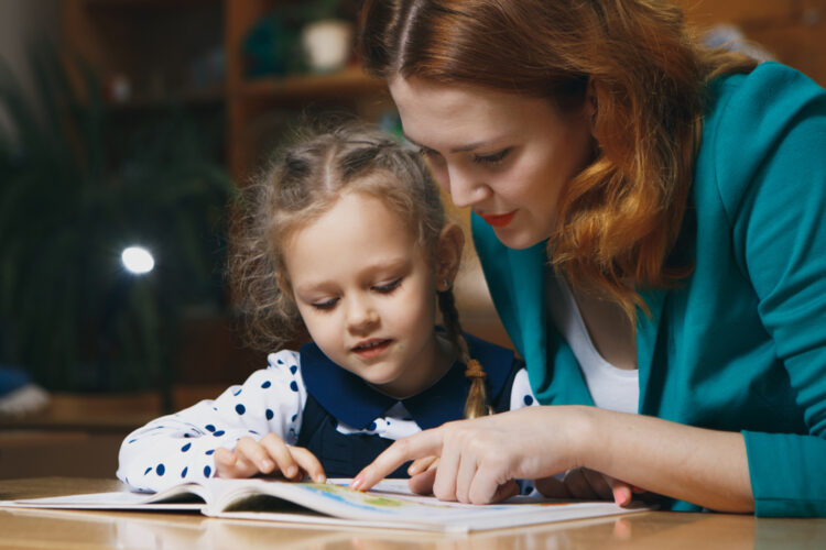 Mother,Helping,Kid,After,School.,Preschooler,Doing,Homework,With,Help