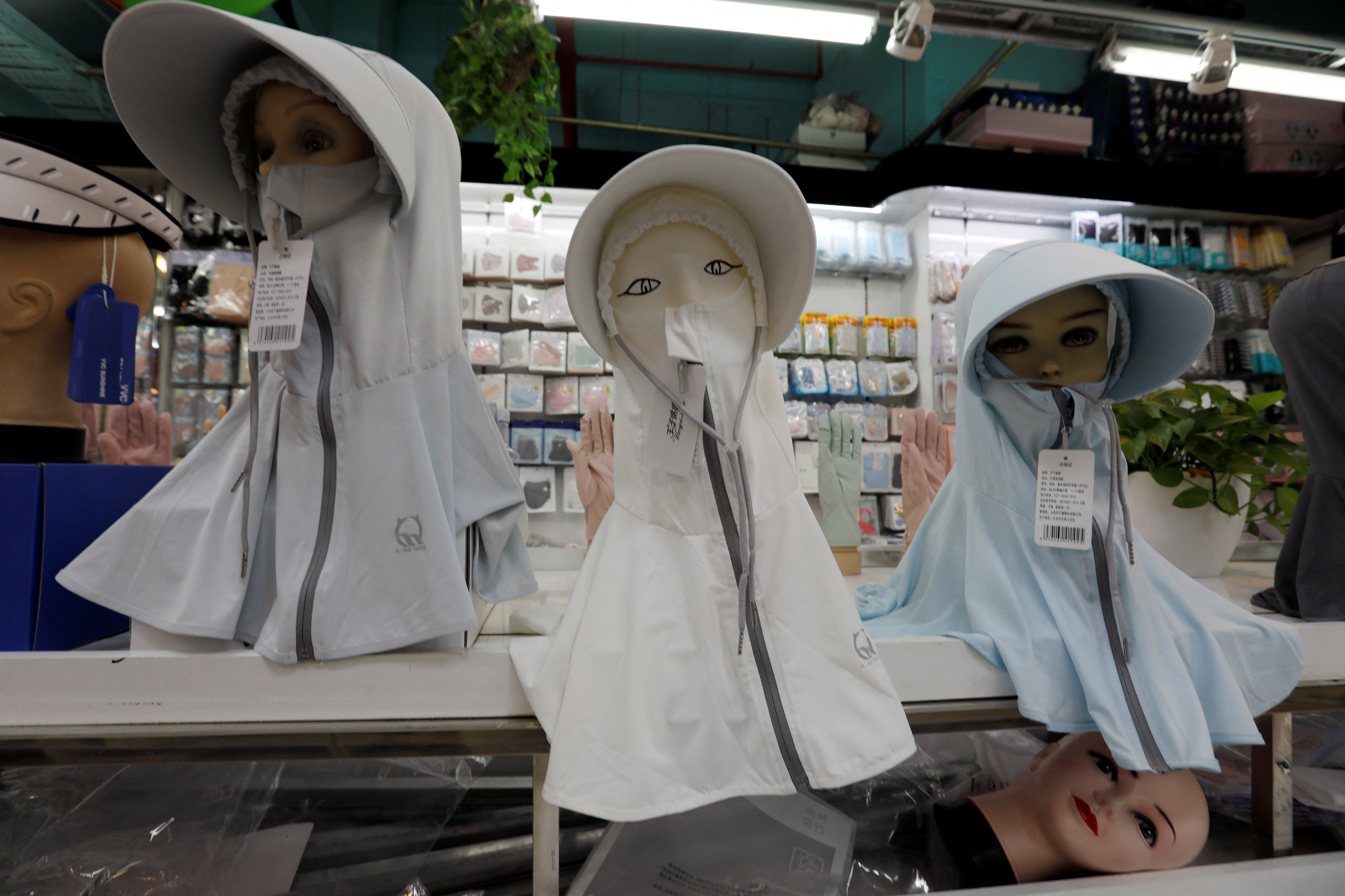 Sun protection hats at a store in Beijing