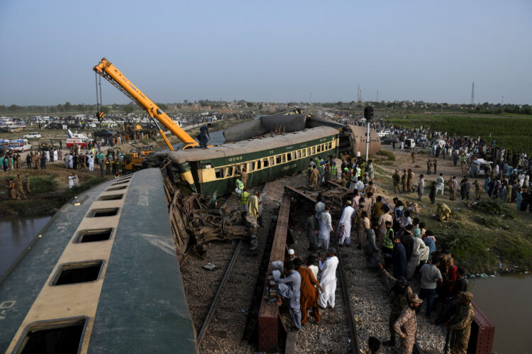 Aftermath of a train derailment in Sarhari town in district Sanghar