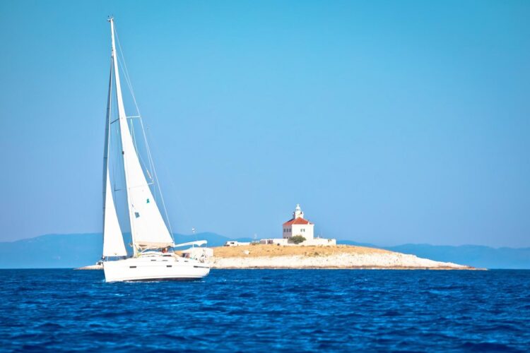 Pokonji Dol Lighthouse in Hvar island archipelago sailing, Dalmatia region of Croatia