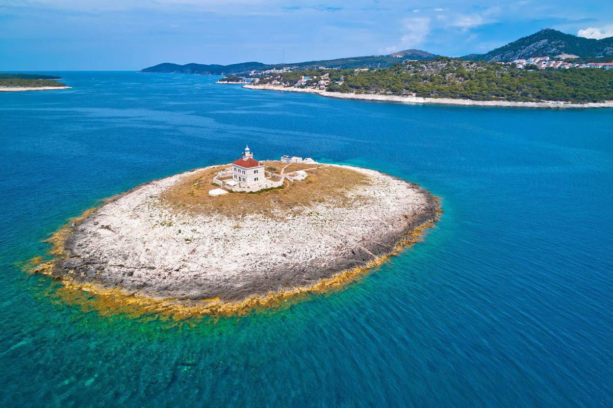 Pokonji Dol Lighthouse in Hvar island archipelago aerial view, Dalmatia region of Croatia