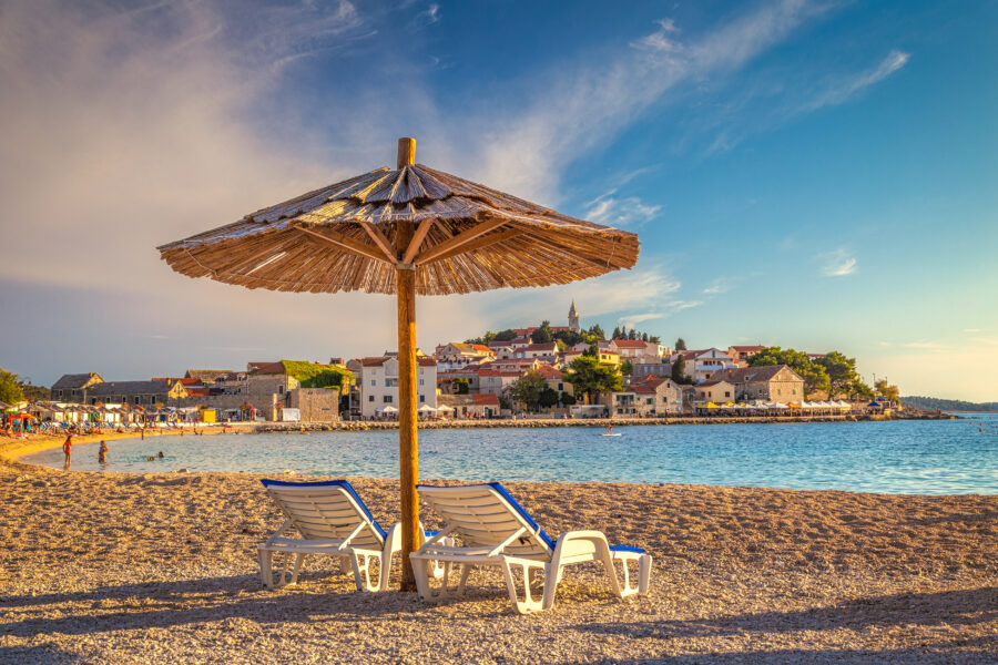 Beach,At,Sunset,Near,Primosten,Town,,A,Popular,Tourist,Destination
