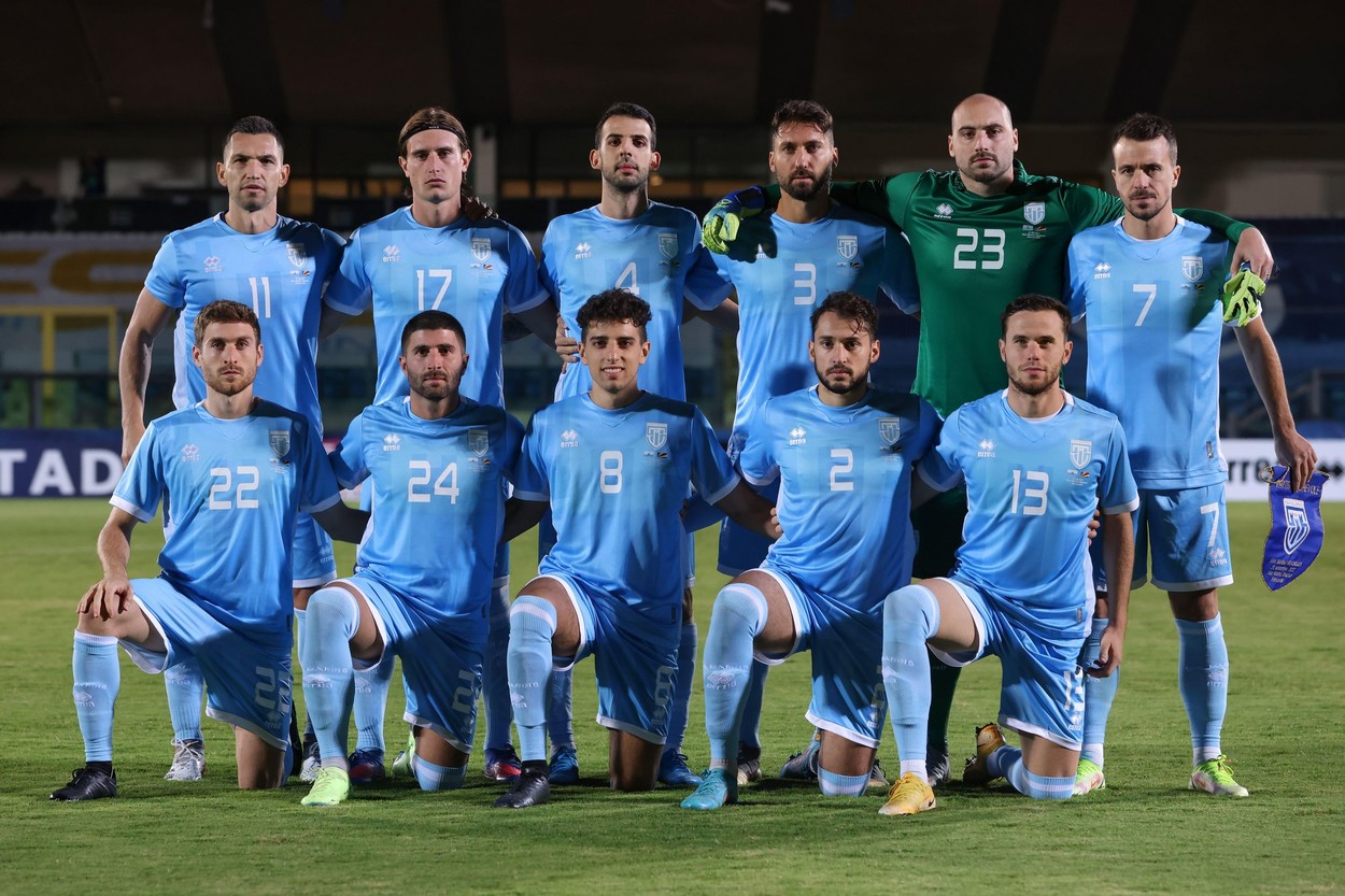 Serravalle, Italy, 21st September 2022. The San Marino starting eleven line up for a team photo prior to kick off, back row ( L to R ); Dante Rossi, Filippo Fabbri, Luca Ceccaroli, Mirko Palazzi, Elia Benedettini and Matteo Vitaioli, front row ( L to R );