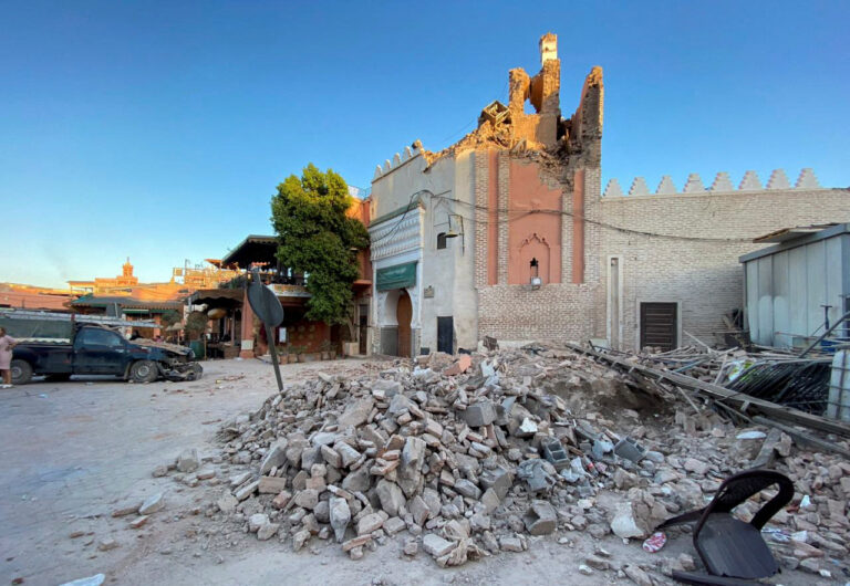 A view shows damage at an old mosque in the historic city of Marrakech, following a powerful earthquake in Morocco