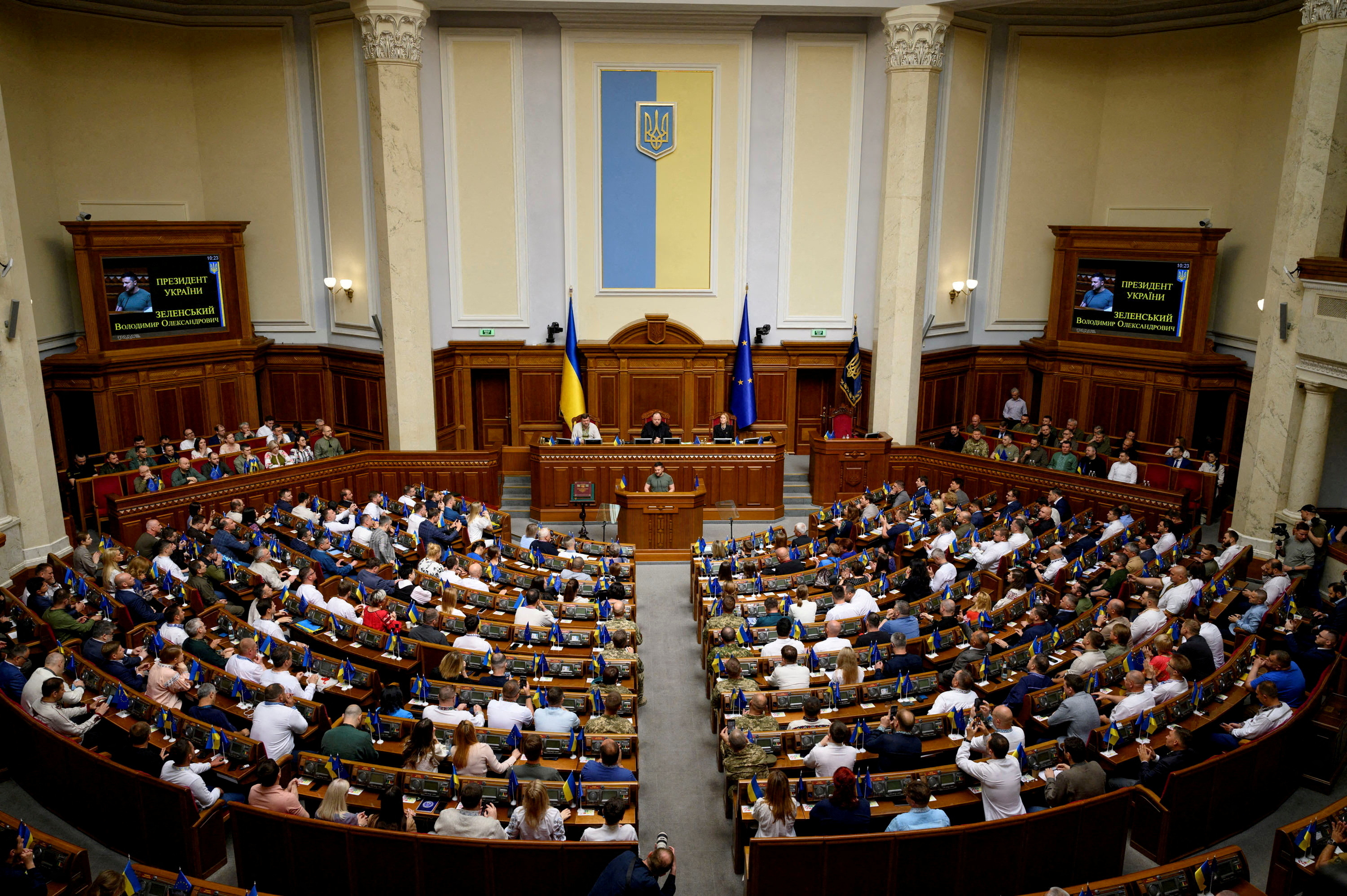 FILE PHOTO: Ukrainian President Volodymyr Zelenskiy addresses parliament, in Kyiv