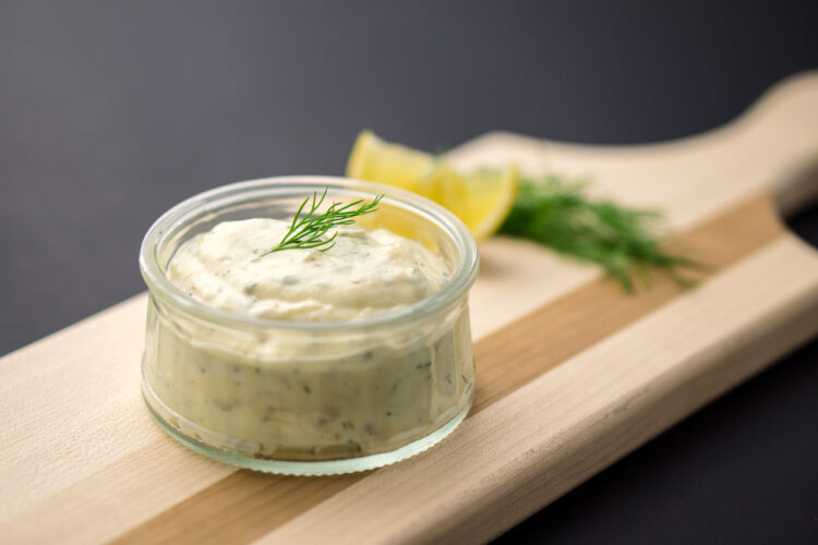 Homemade,Tartar,Sauce,On,Black,Background.,Made,Of,Fresh,Mayonnaise,