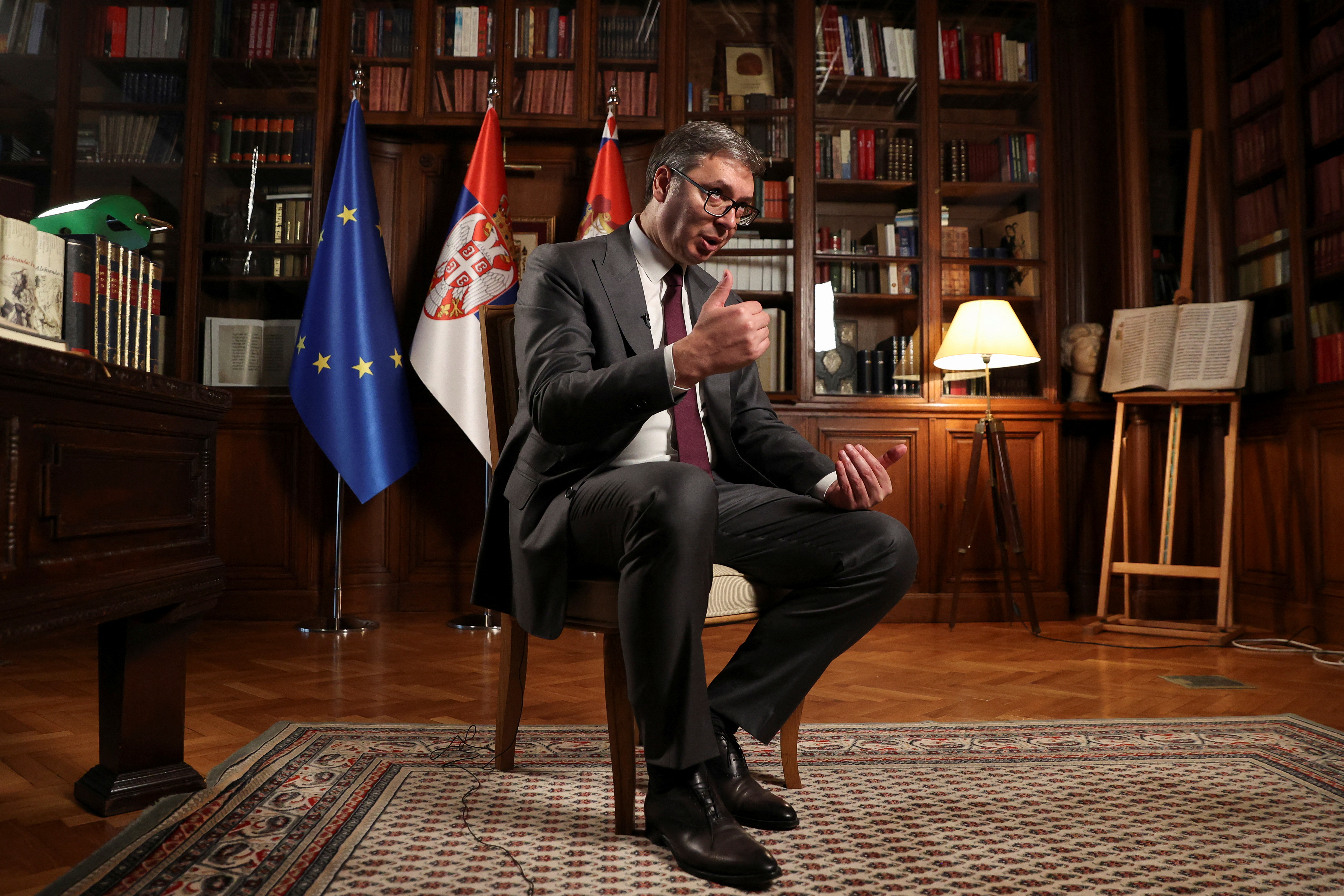 Serbian President Aleksandar Vucic speaks during an interview with Reuters in Belgrade